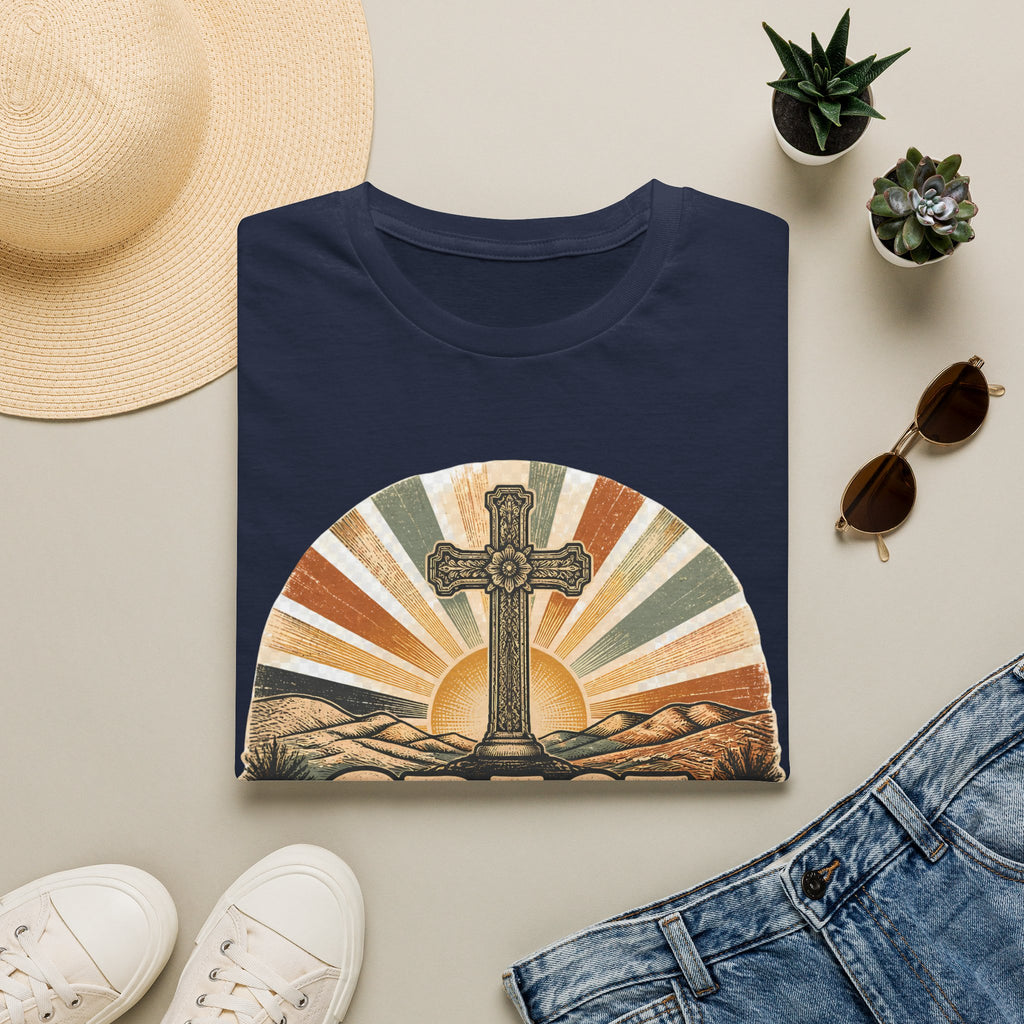Christian T-Shirt — "Grace Never Quits" Retro Cross Sunrise Tee