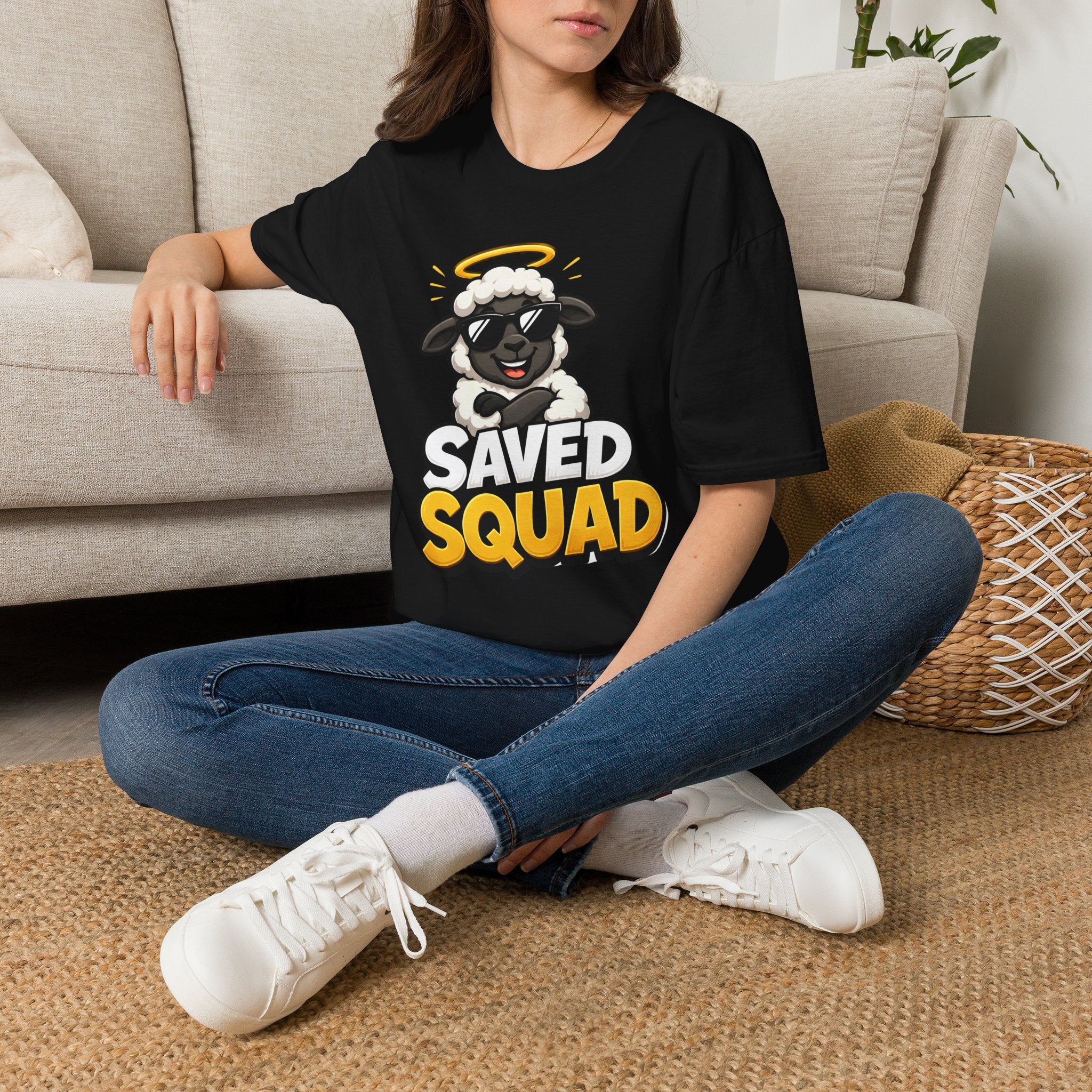 Saved Squad T‑Shirt — Cute Angel Sheep Graphic Tee for Christian Youth & Church Groups