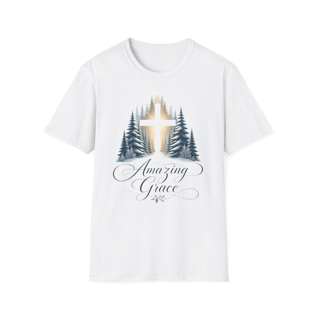 Christian T-Shirt — Cross in Pine Forest with "Amazing Grace" (Faith Tee)