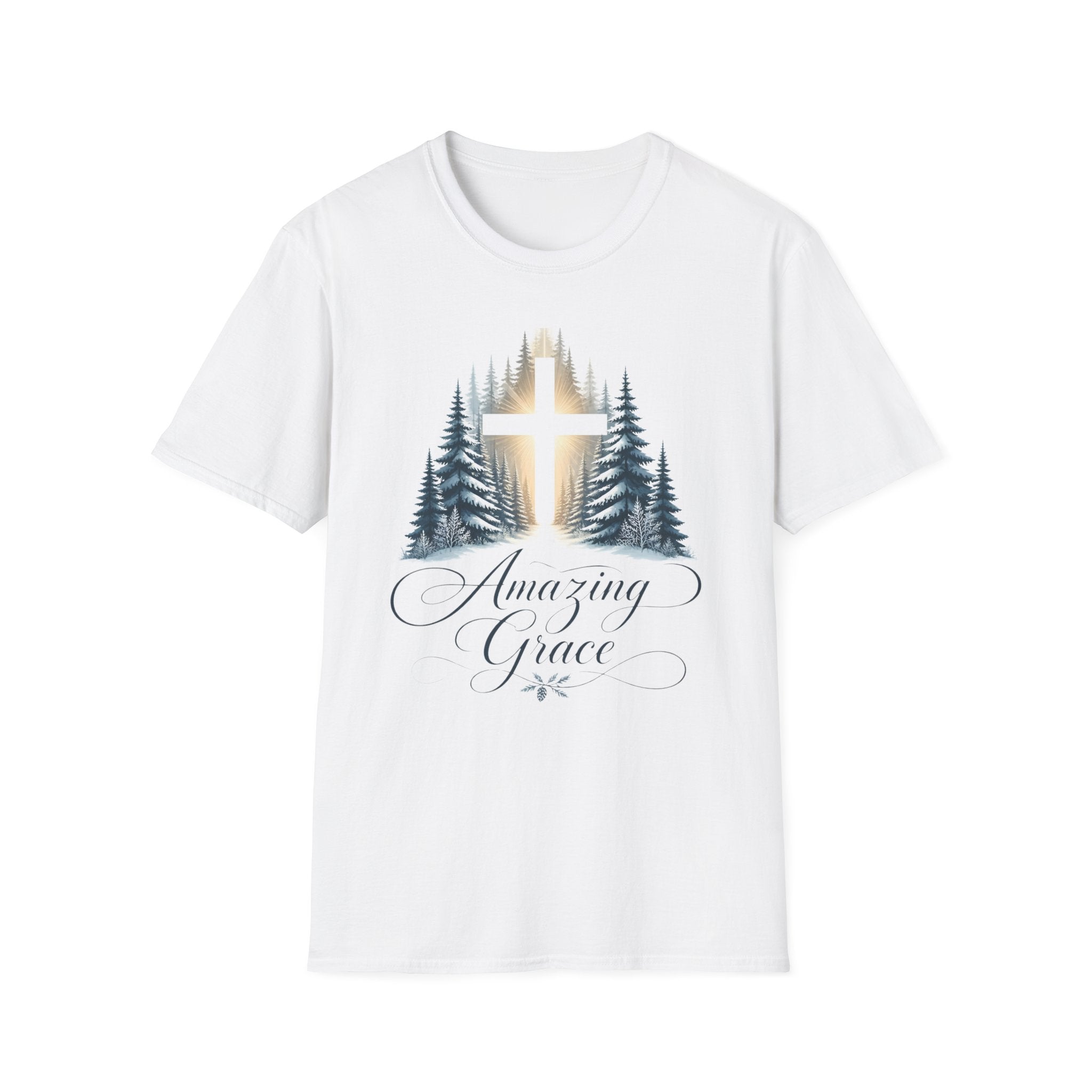 Christian T-Shirt — Cross in Pine Forest with "Amazing Grace" (Faith Tee)