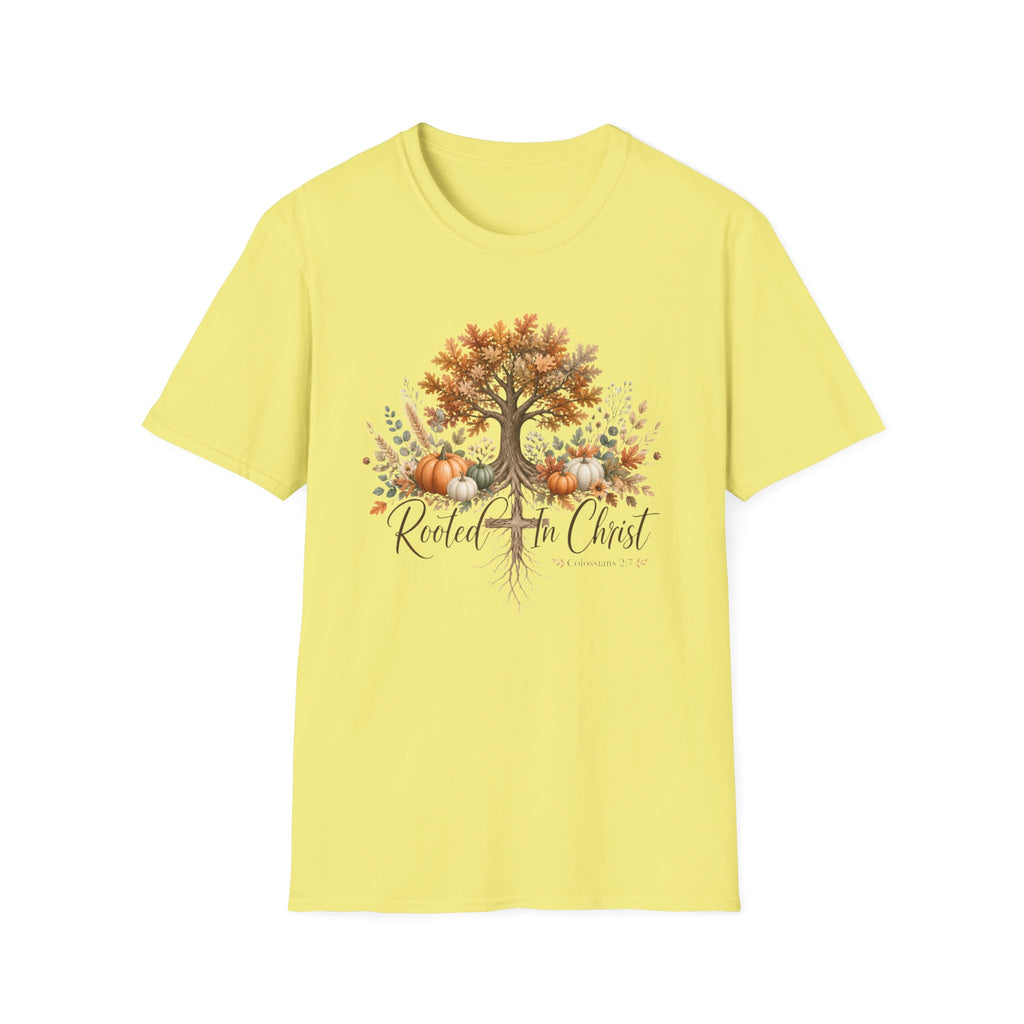 Fall Tree & Pumpkins T-Shirt — "Rooted in Christ" Autumn Faith Tee