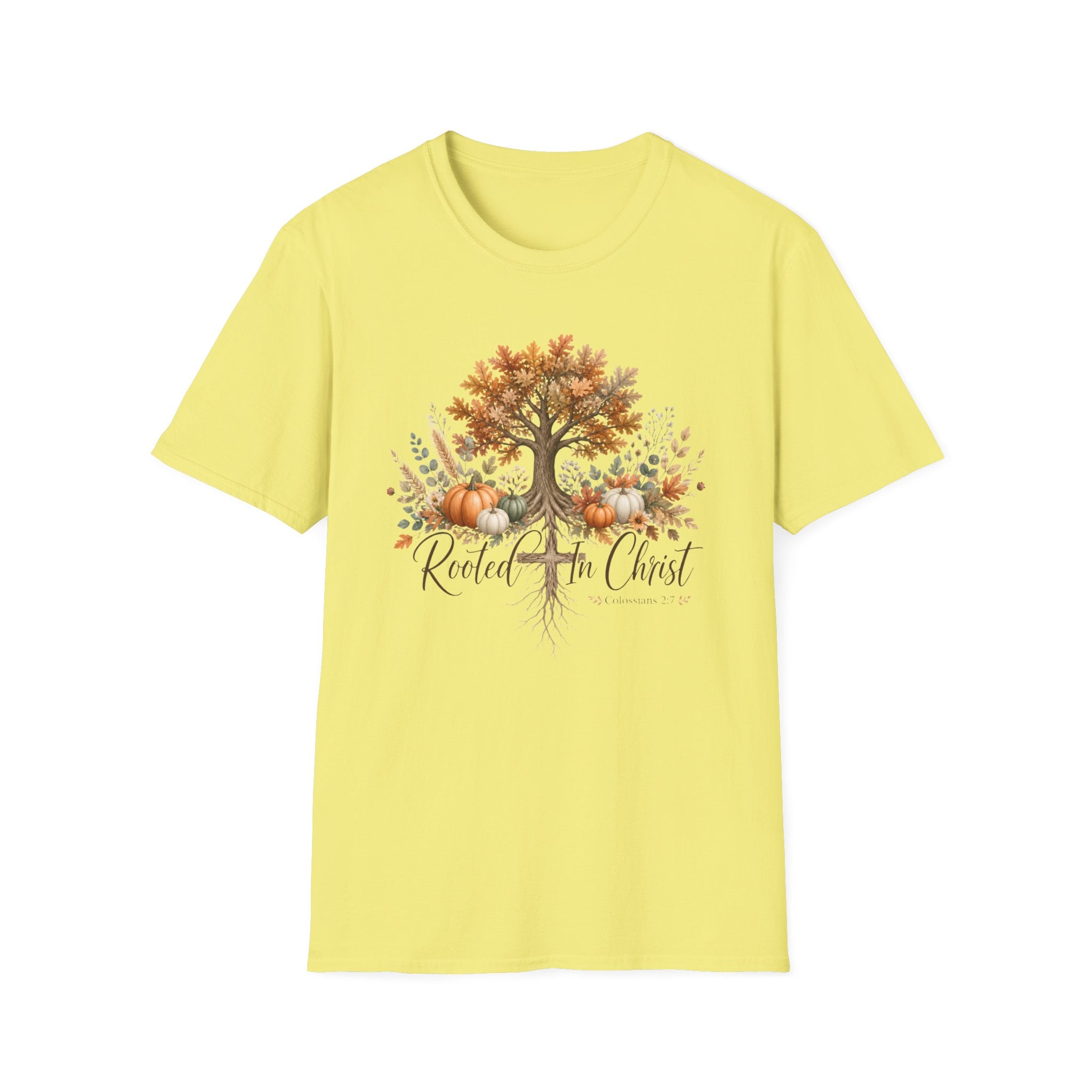 Fall Tree & Pumpkins T-Shirt — "Rooted in Christ" Autumn Faith Tee