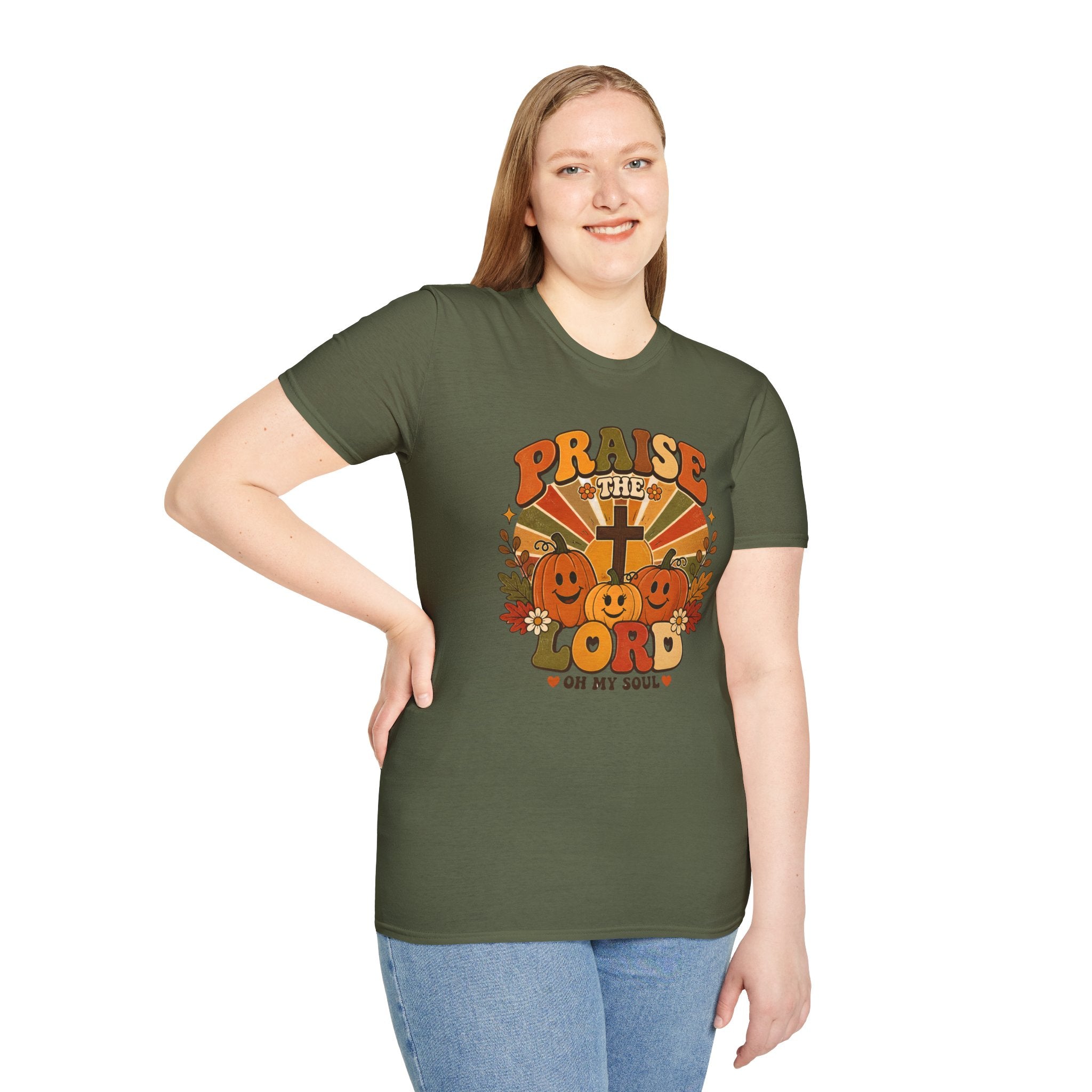 Praise the Lord Fall T-Shirt — Retro Pumpkin & Cross Christian Tee