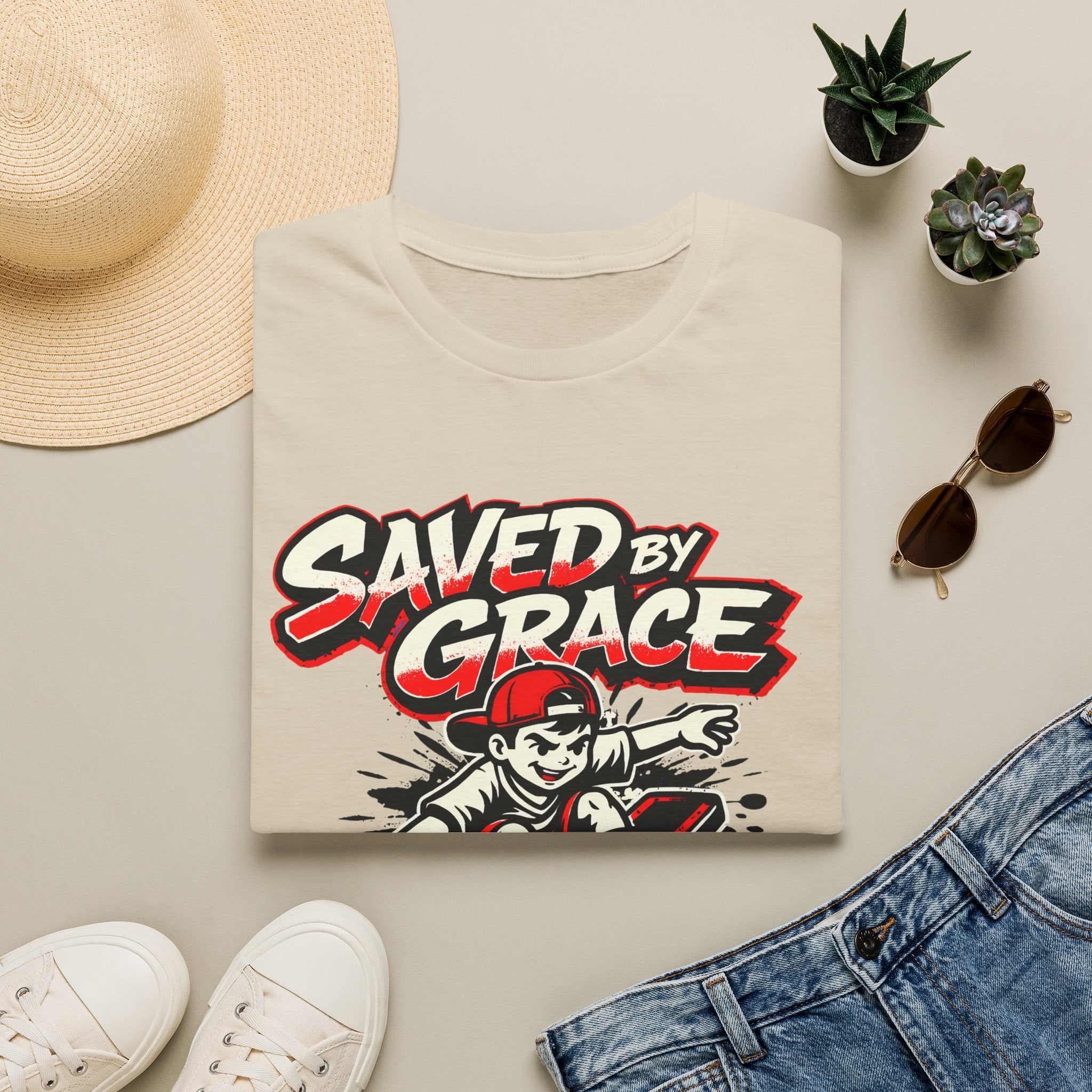 Saved by Grace T‑Shirt — Skateboard Faith Graphic