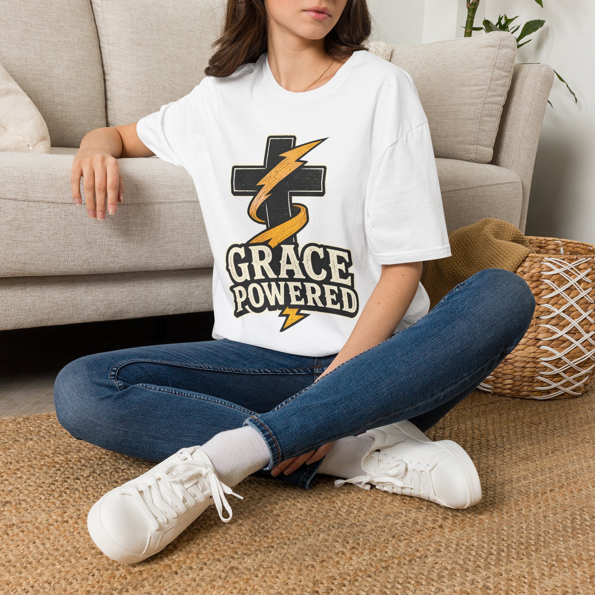 Grace Powered T-Shirt — Faith Cross with Lightning Christian Tee