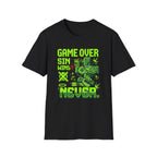 Video Game Christian T-Shirt — "Game Over? Sin Wins? Never." Neon Green Gamer Tee
