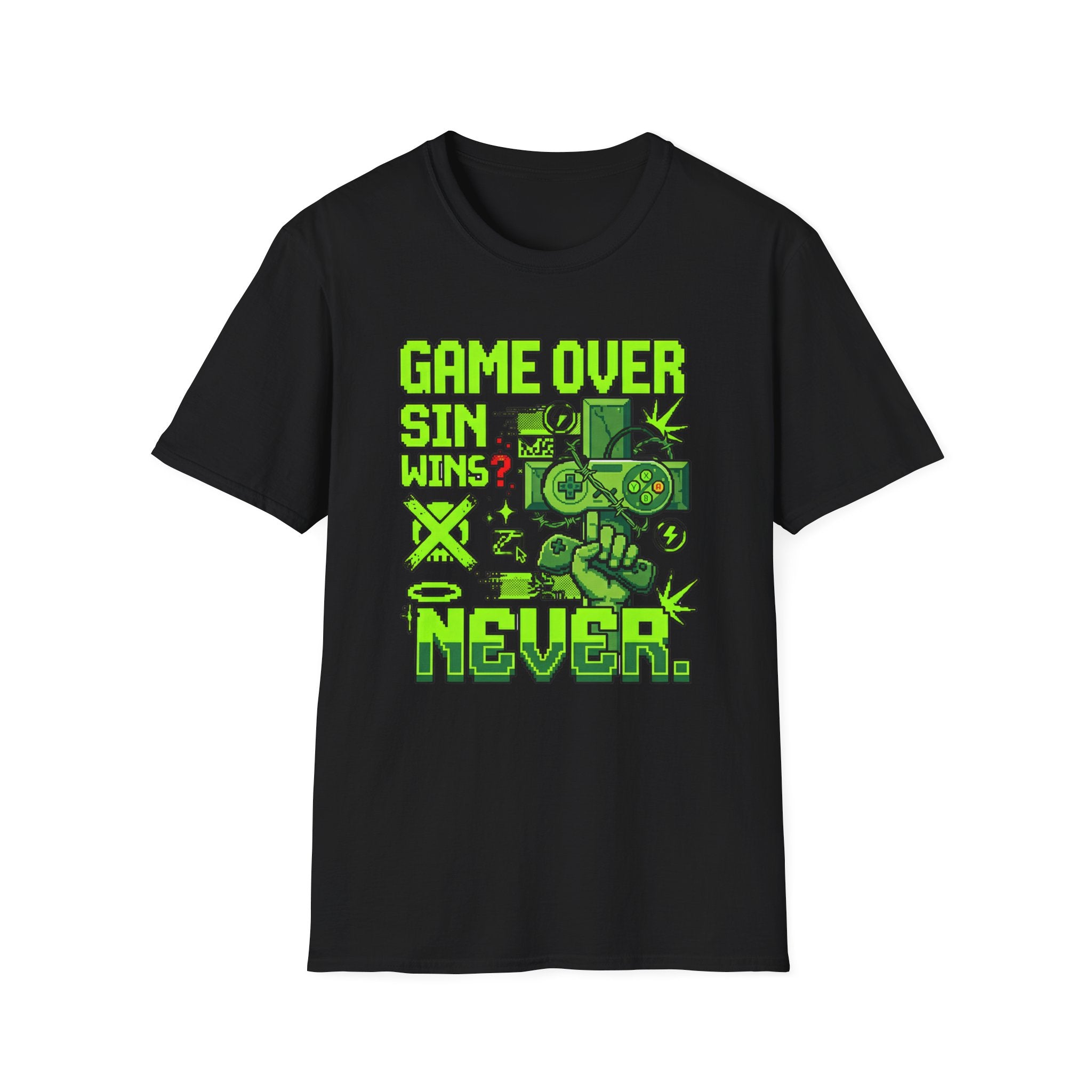 Video Game Christian T-Shirt — "Game Over? Sin Wins? Never." Neon Green Gamer Tee