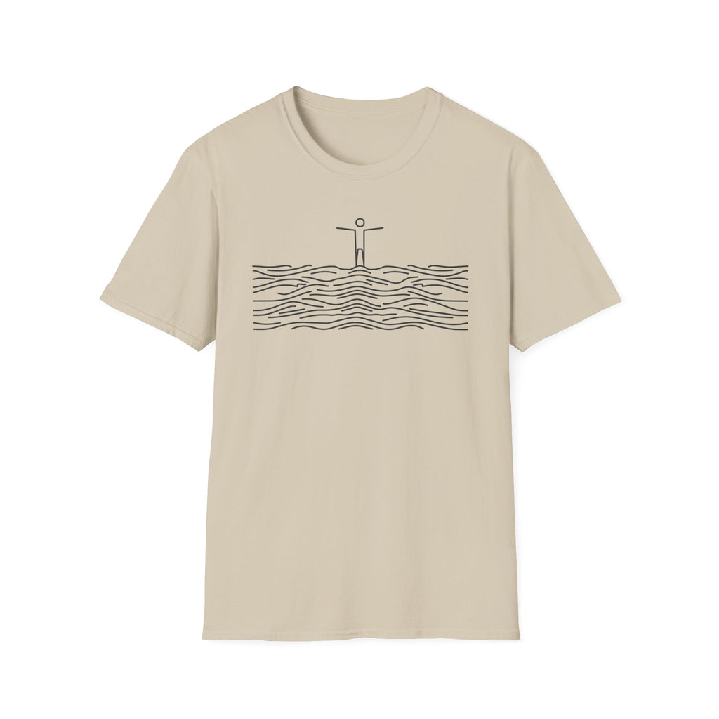 T-Shirt — Minimalist Ocean Waves & Standing Figure Tee — Calm Beach Vibes, Surfing/Travel Gift