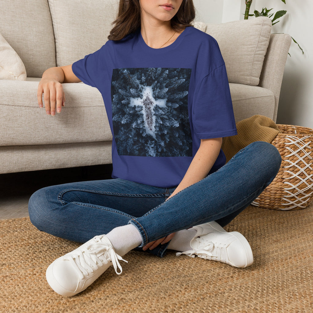 Cross in Snow Aerial Print T-Shirt — Minimalist Winter Graphic Tee