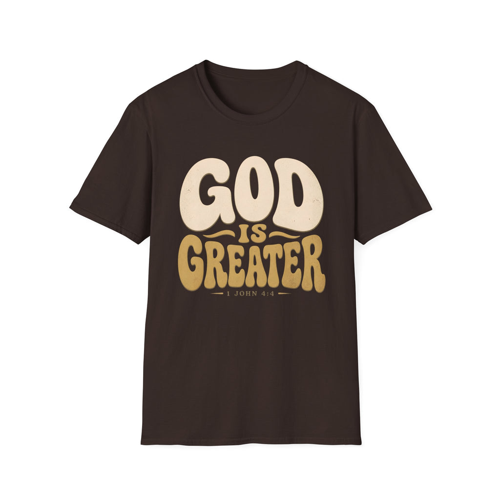God Is Greater T-Shirt — Retro Faith Graphic Tee (1 John 4:4)