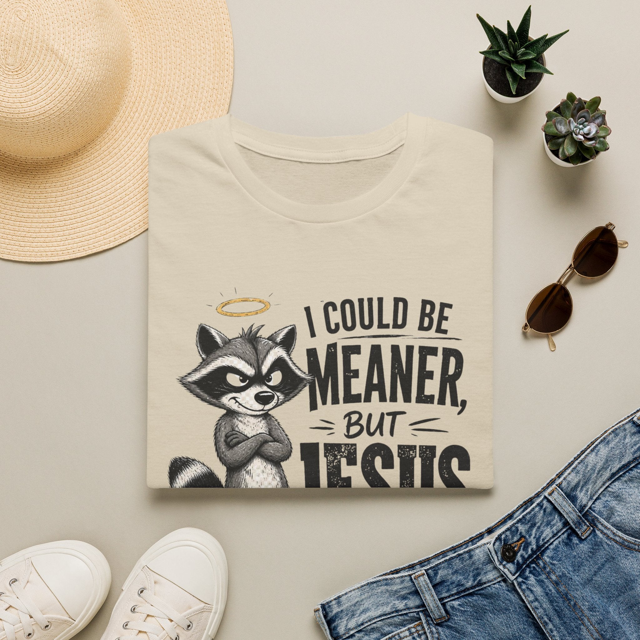 T‑Shirt — "I Could Be Meaner But Jesus Said No" Cute Raccoon Christian Tee