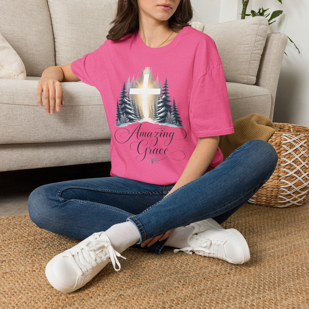 Christian T-Shirt — Cross in Pine Forest with "Amazing Grace" (Faith Tee)