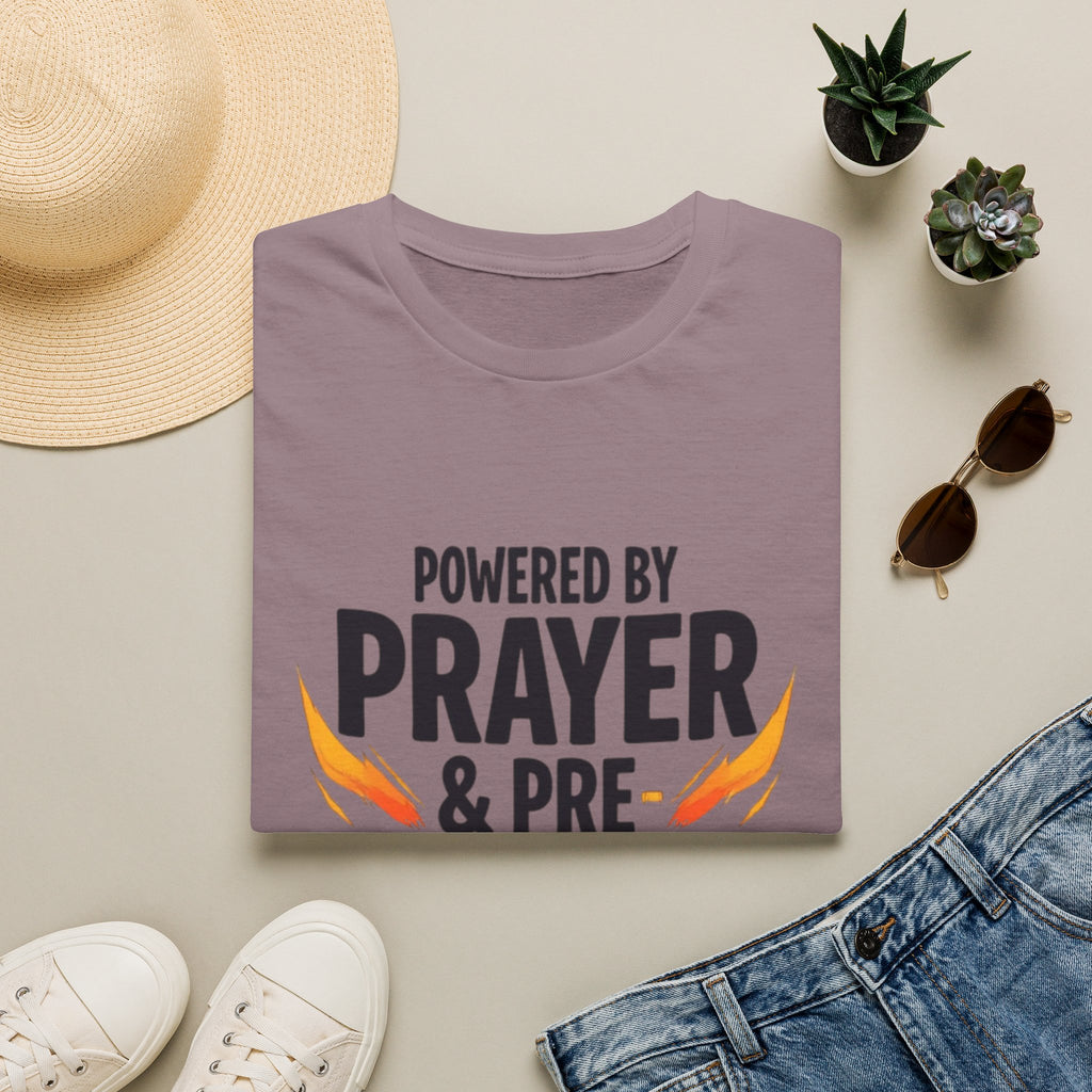 Prayer & Pre-Workout T-Shirt — "Powered by Prayer & Pre-Workout" Christian Fitness Tee