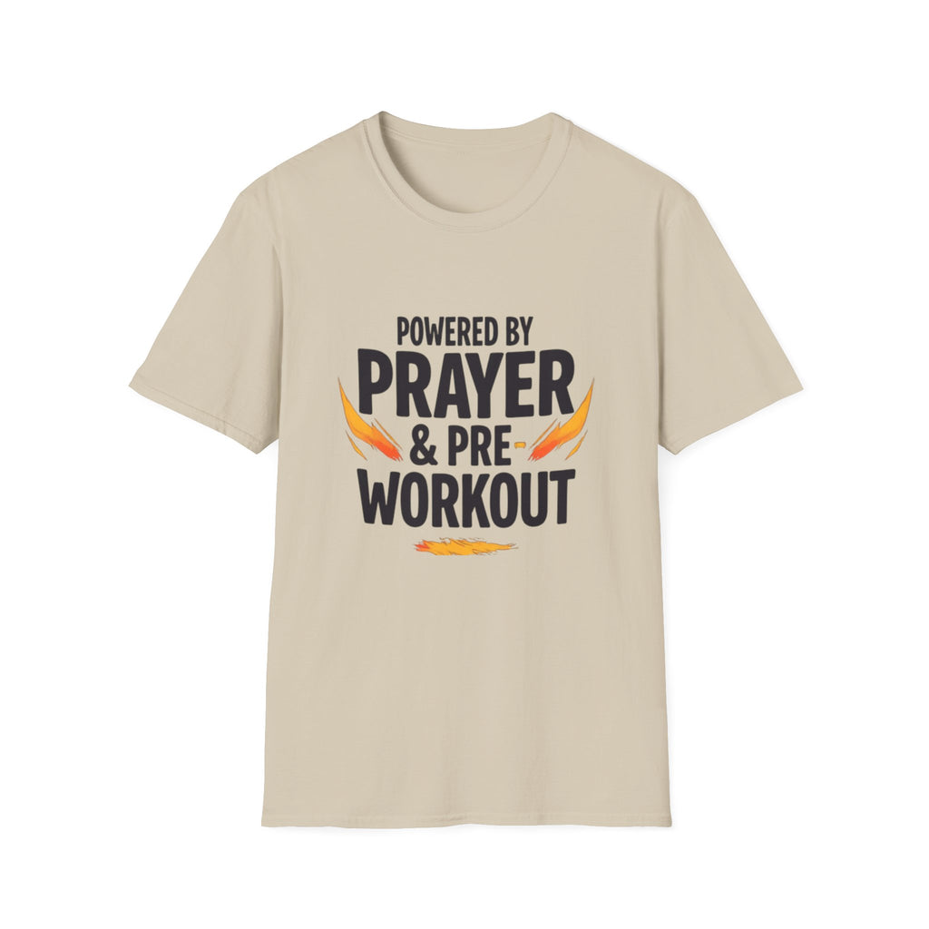 Prayer & Pre-Workout T-Shirt — "Powered by Prayer & Pre-Workout" Christian Fitness Tee