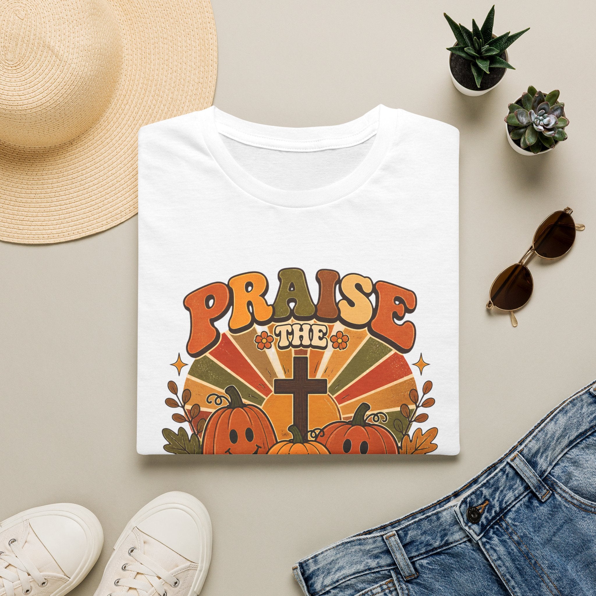Praise the Lord Fall T-Shirt — Retro Pumpkin & Cross Christian Tee