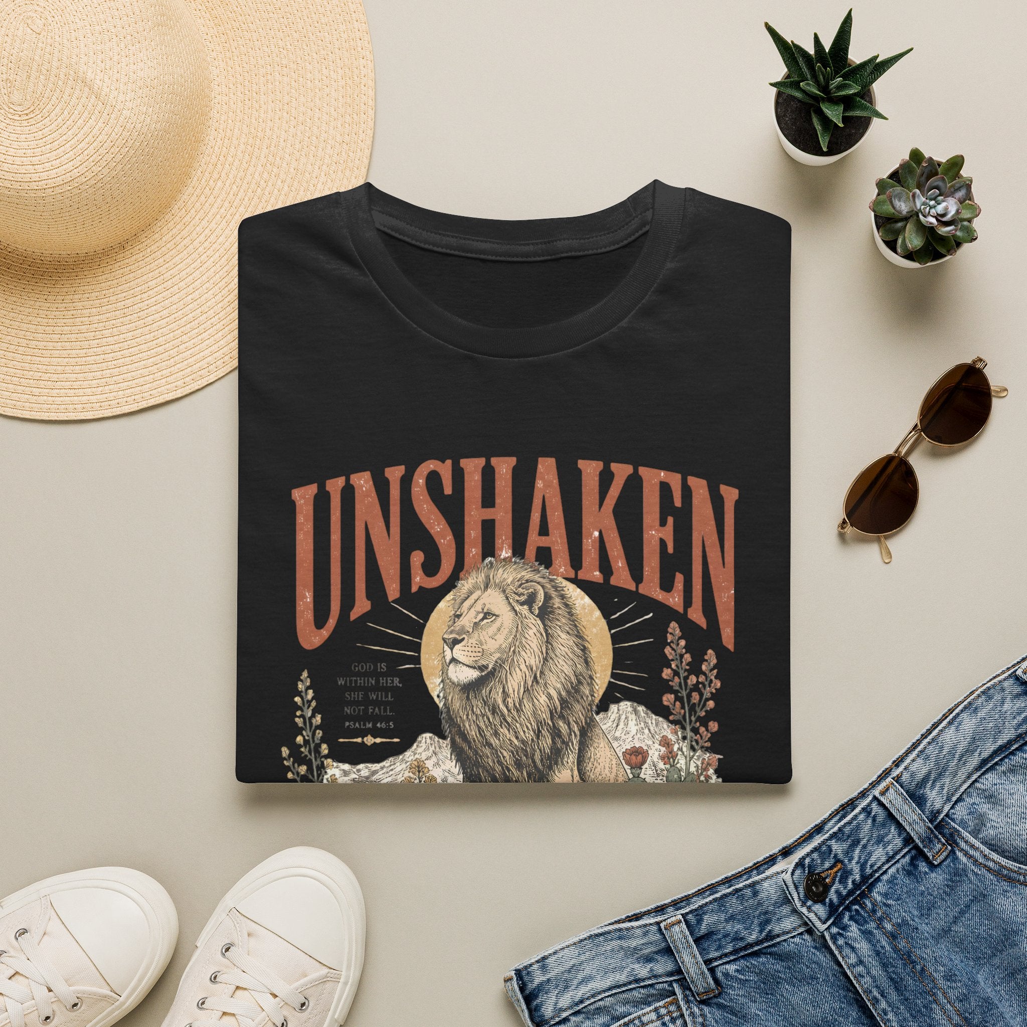 Unshaken Lion T‑Shirt — Vintage Floral Courage Tee