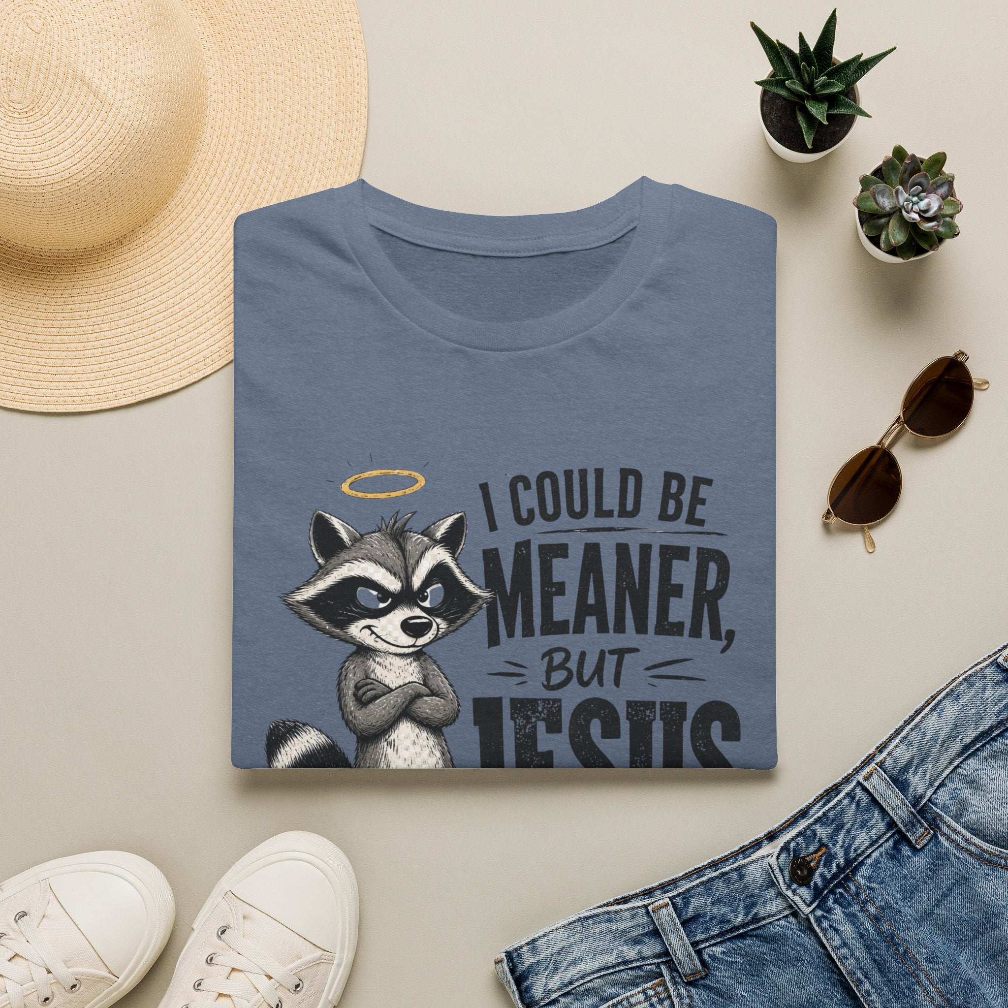 T‑Shirt — "I Could Be Meaner But Jesus Said No" Cute Raccoon Christian Tee