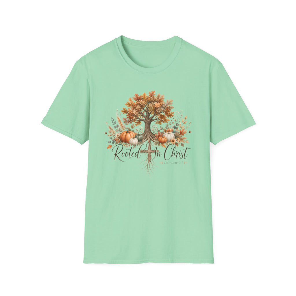 Fall Tree & Pumpkins T-Shirt — "Rooted in Christ" Autumn Faith Tee