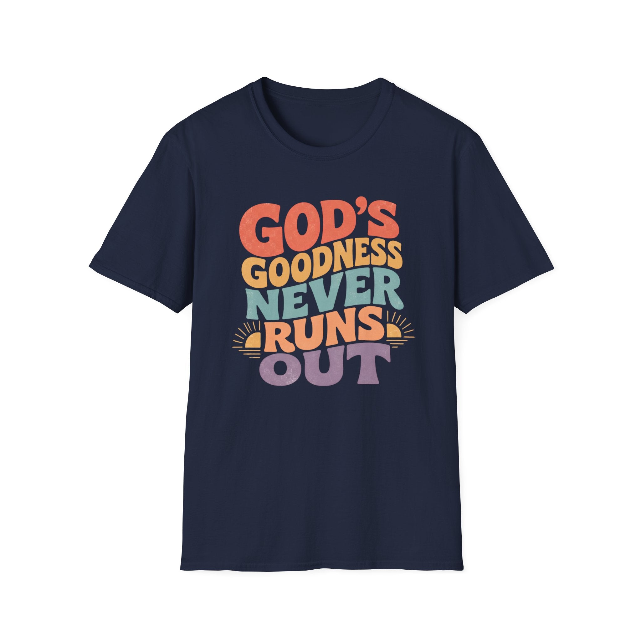 Christian T-Shirt — "God's Goodness Never Runs Out" Retro Faith Tee
