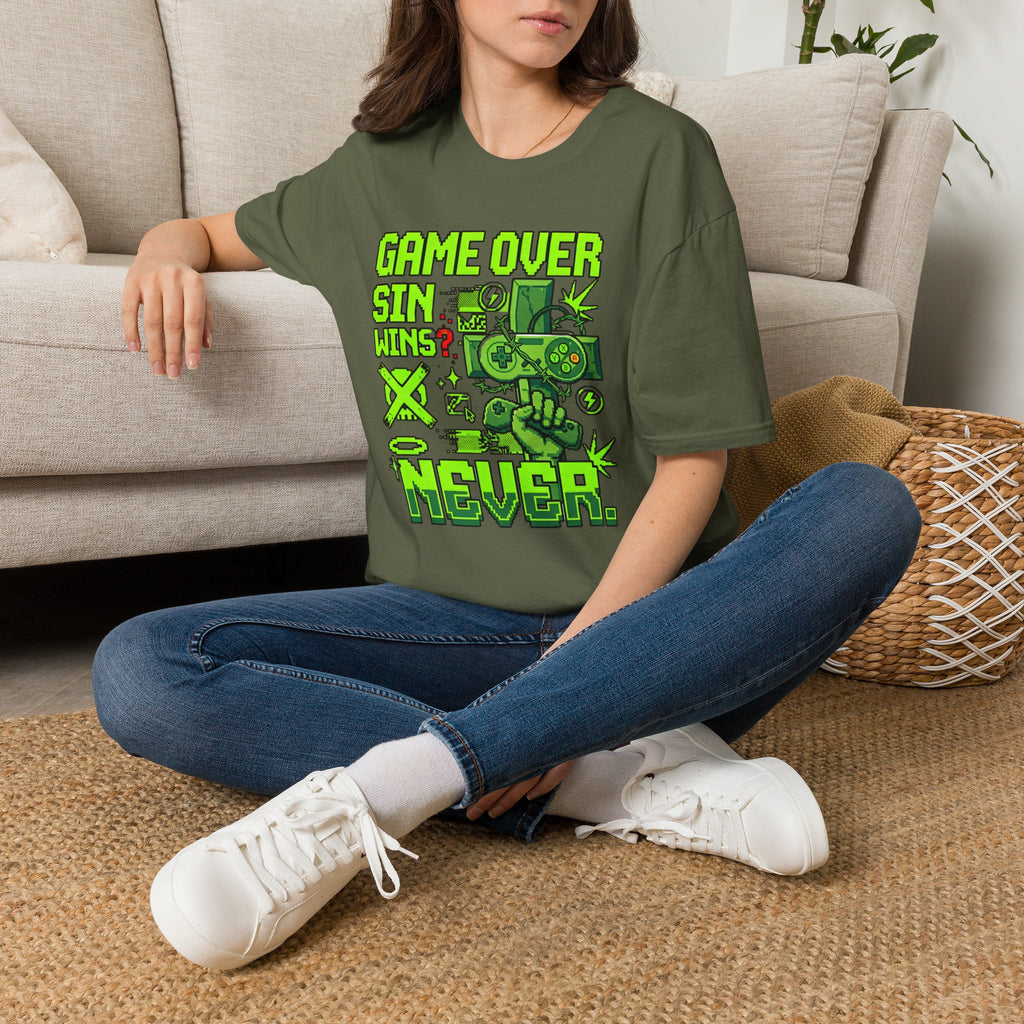 Video Game Christian T-Shirt — "Game Over? Sin Wins? Never." Neon Green Gamer Tee