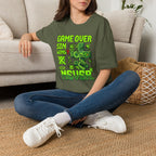 Video Game Christian T-Shirt — "Game Over? Sin Wins? Never." Neon Green Gamer Tee