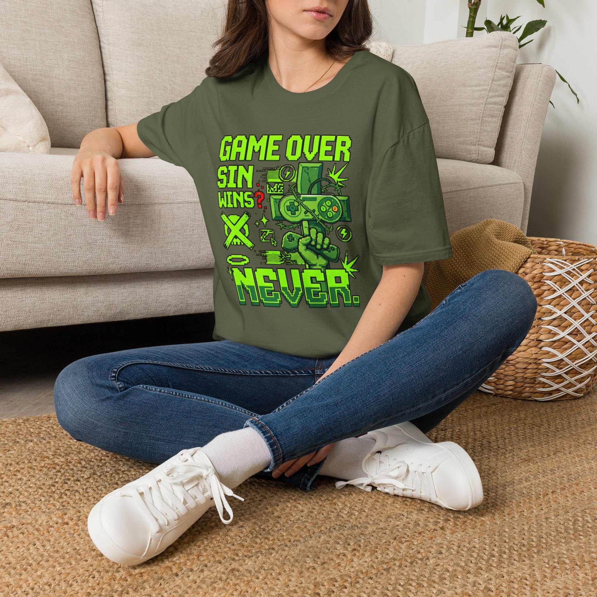 Video Game Christian T-Shirt — "Game Over? Sin Wins? Never." Neon Green Gamer Tee