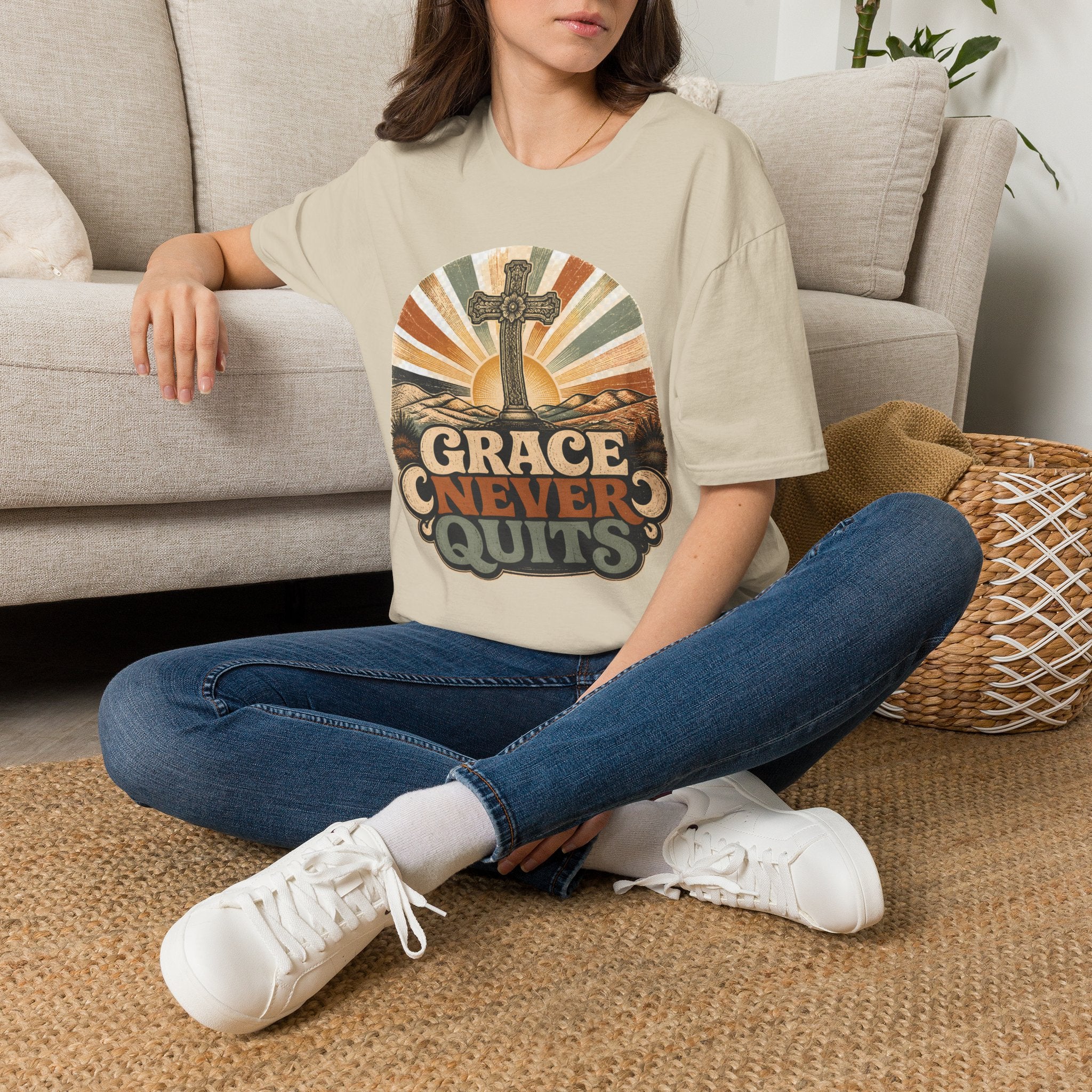 Christian T-Shirt — "Grace Never Quits" Retro Cross Sunrise Tee
