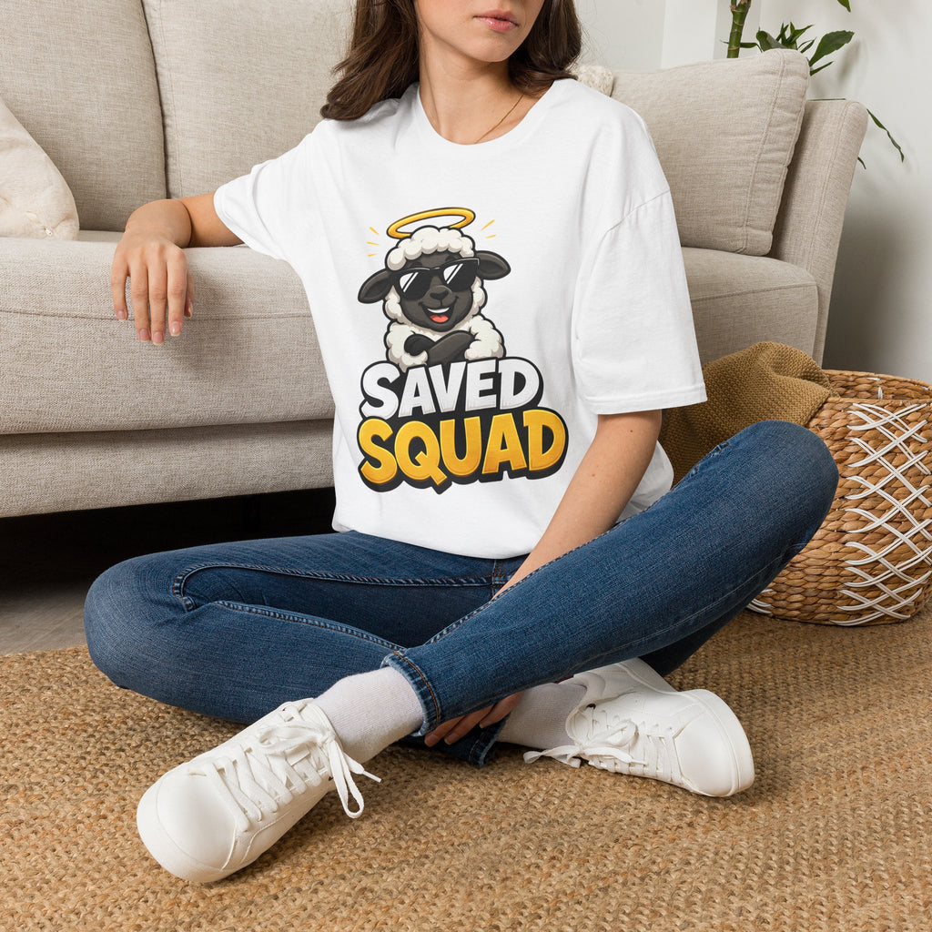 Saved Squad T‑Shirt — Cute Angel Sheep Graphic Tee for Christian Youth & Church Groups