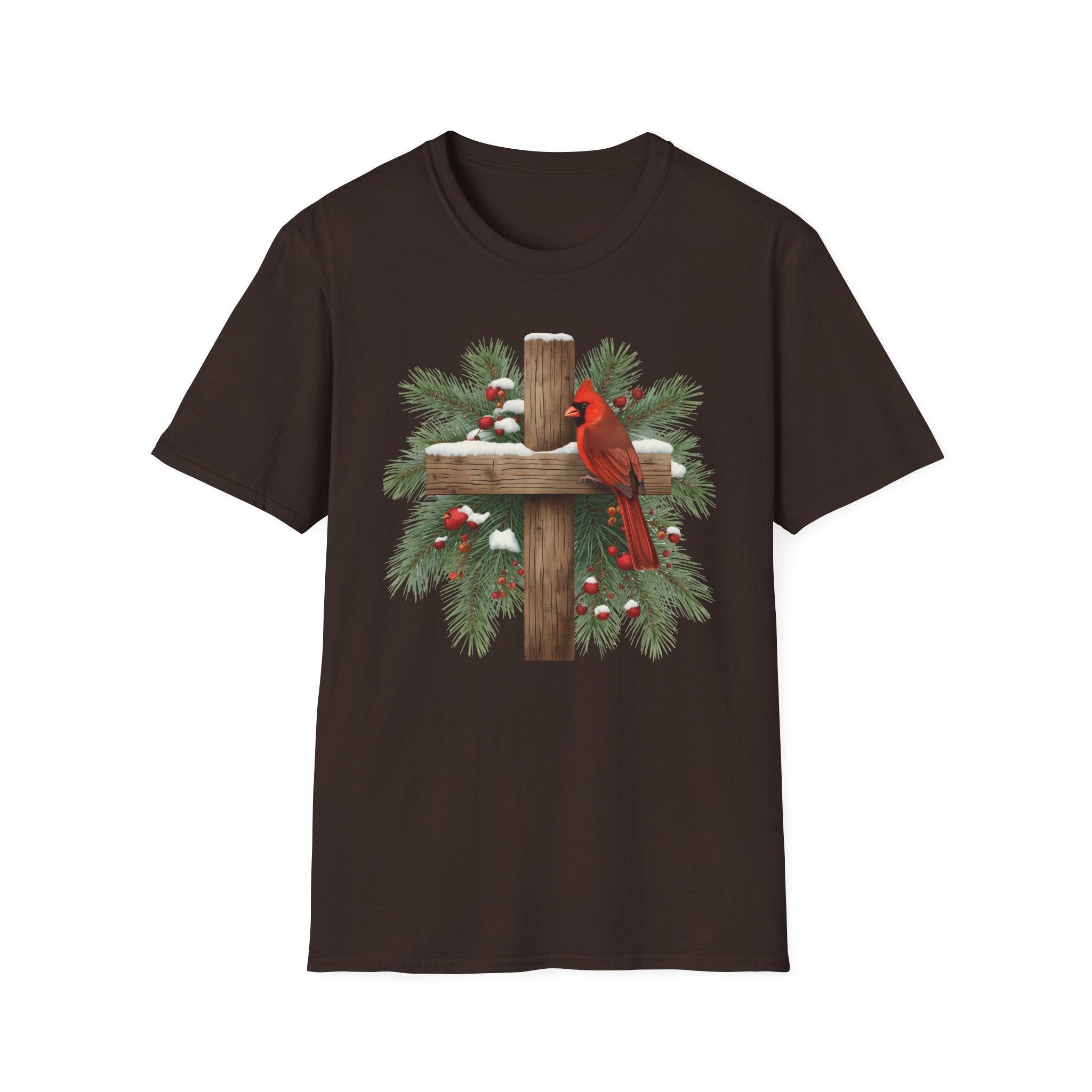 Cardinal on Cross Christmas T-Shirt — Winter Nativity Holiday Tee