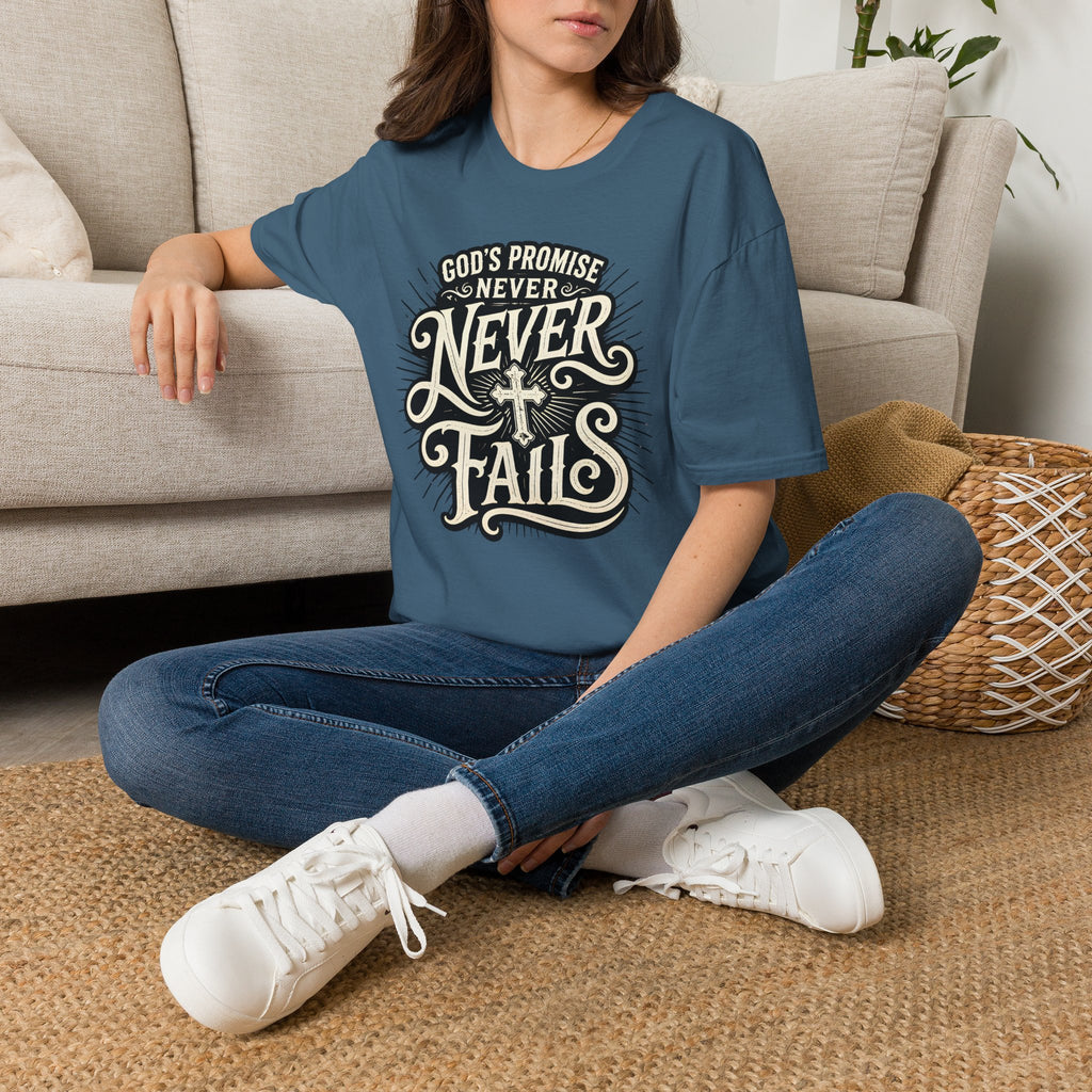 T-Shirt — “God’s Promise Never Never” Christian Faith Graphic