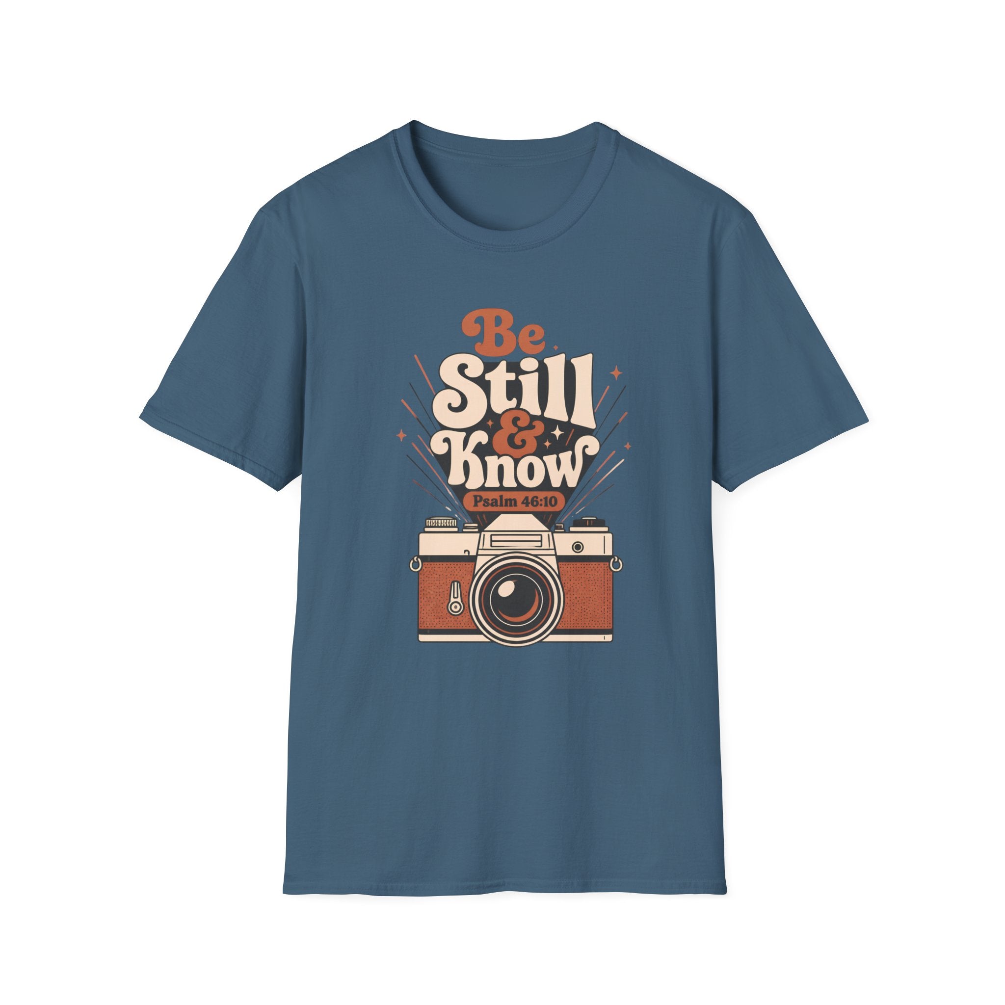 Be Still & Know T‑Shirt — Vintage Camera Inspirational Faith Tee