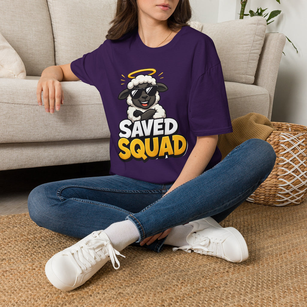 Saved Squad T‑Shirt — Cute Angel Sheep Graphic Tee for Christian Youth & Church Groups