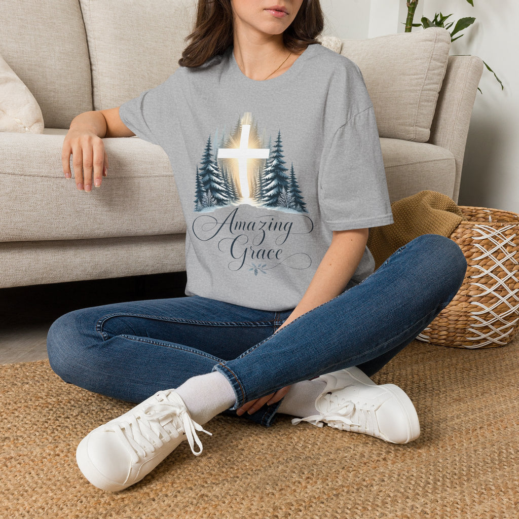 Christian T-Shirt — Cross in Pine Forest with "Amazing Grace" (Faith Tee)