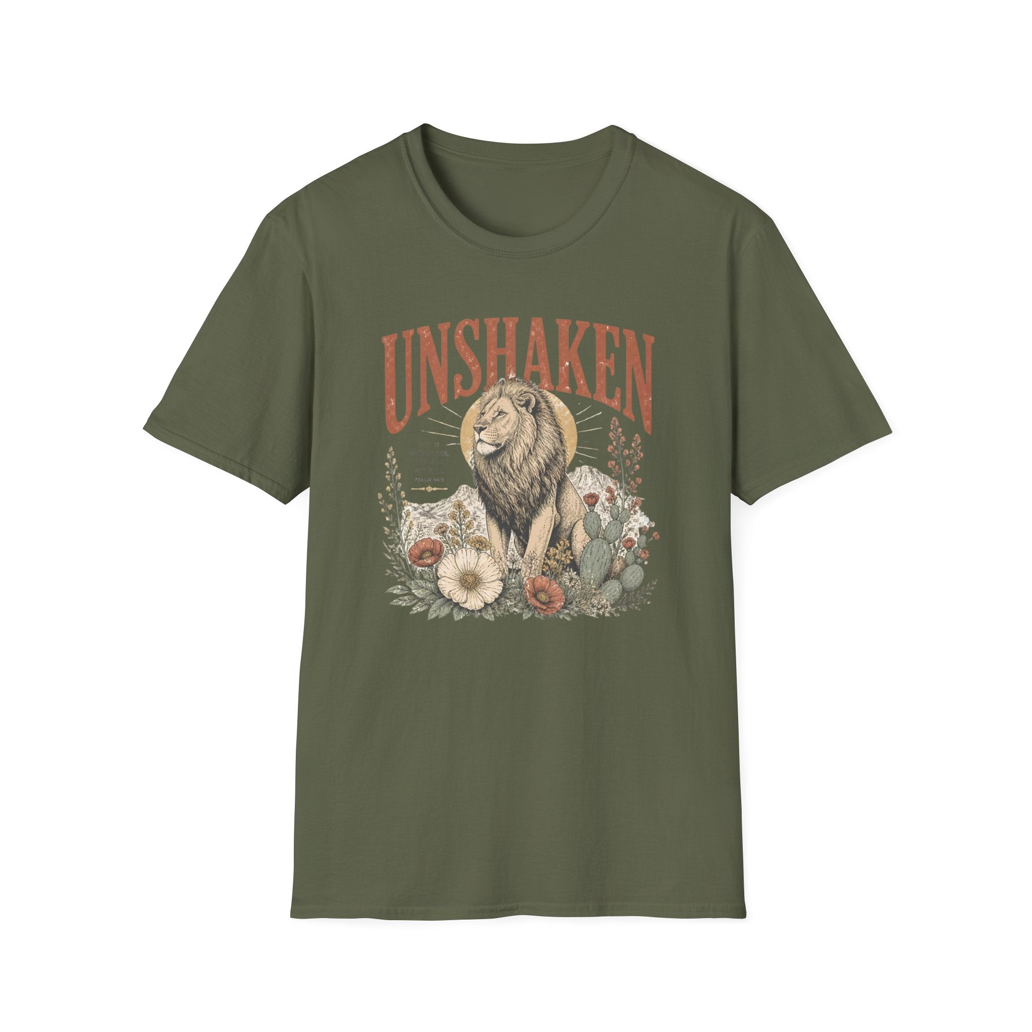 Unshaken Lion T‑Shirt — Vintage Floral Courage Tee