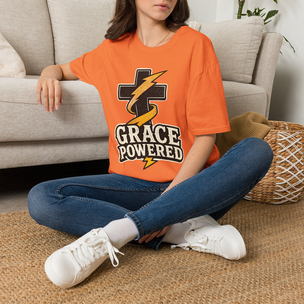 Grace Powered T-Shirt — Faith Cross with Lightning Christian Tee