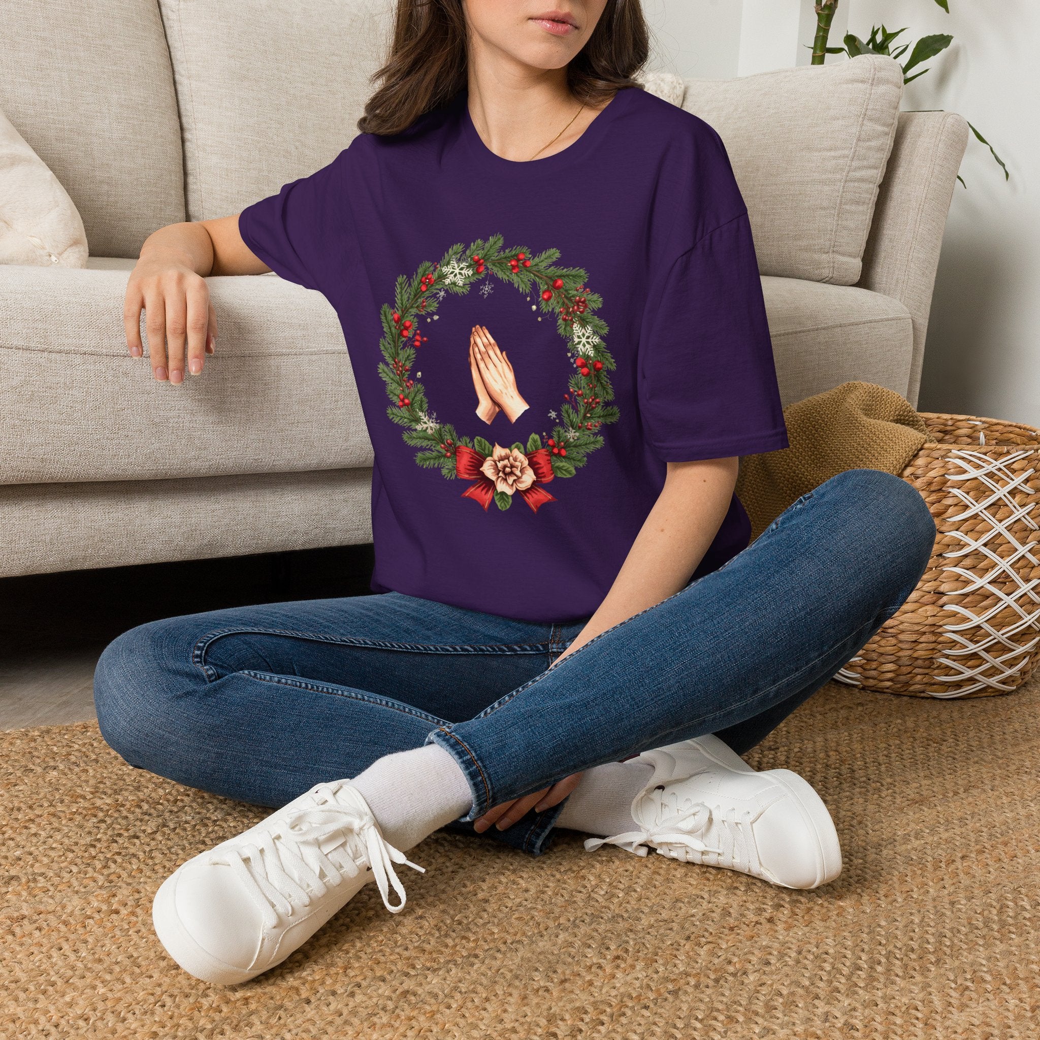 Christmas Prayer Hands T-Shirt — Holiday Wreath Faith Tee