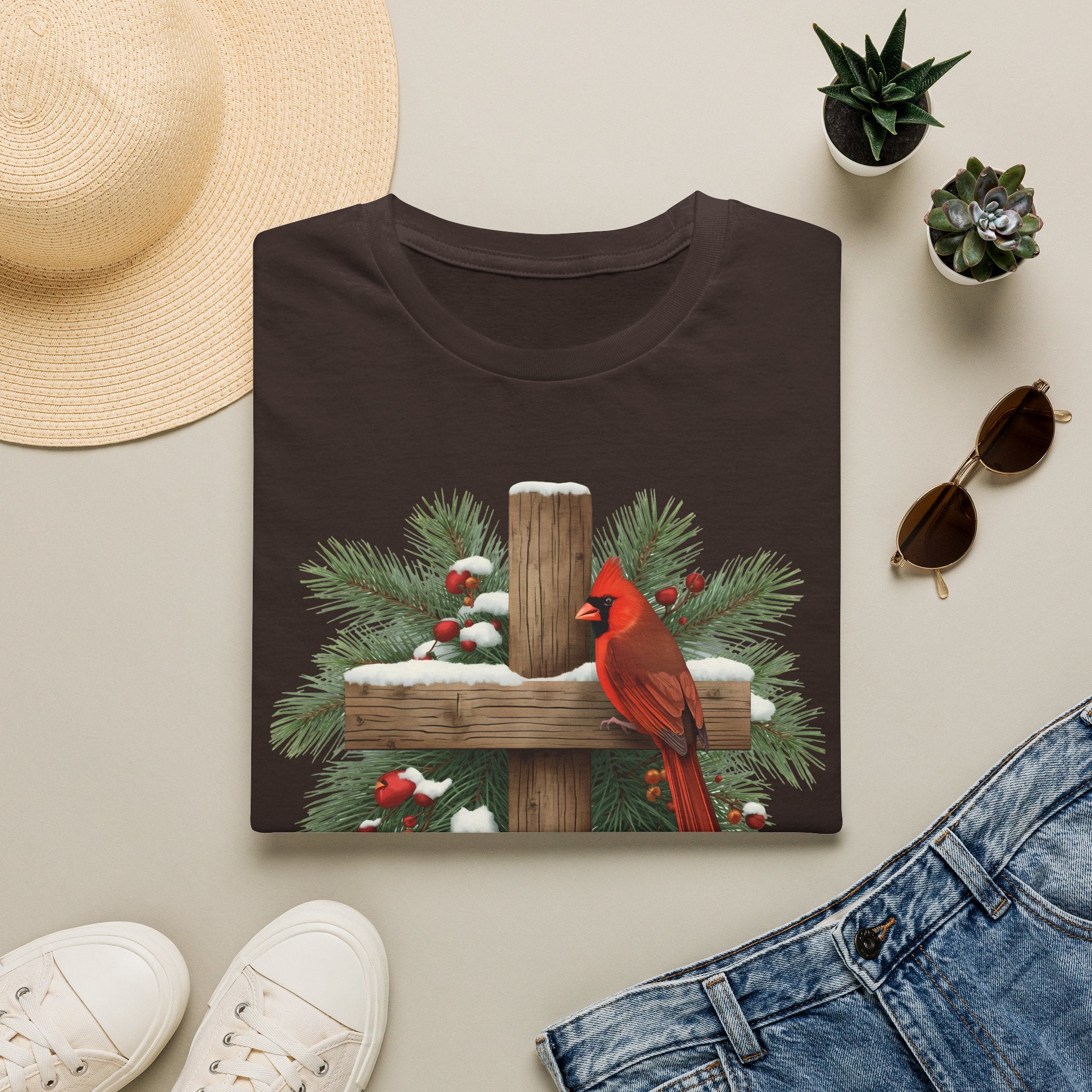 Cardinal on Cross Christmas T-Shirt — Winter Nativity Holiday Tee