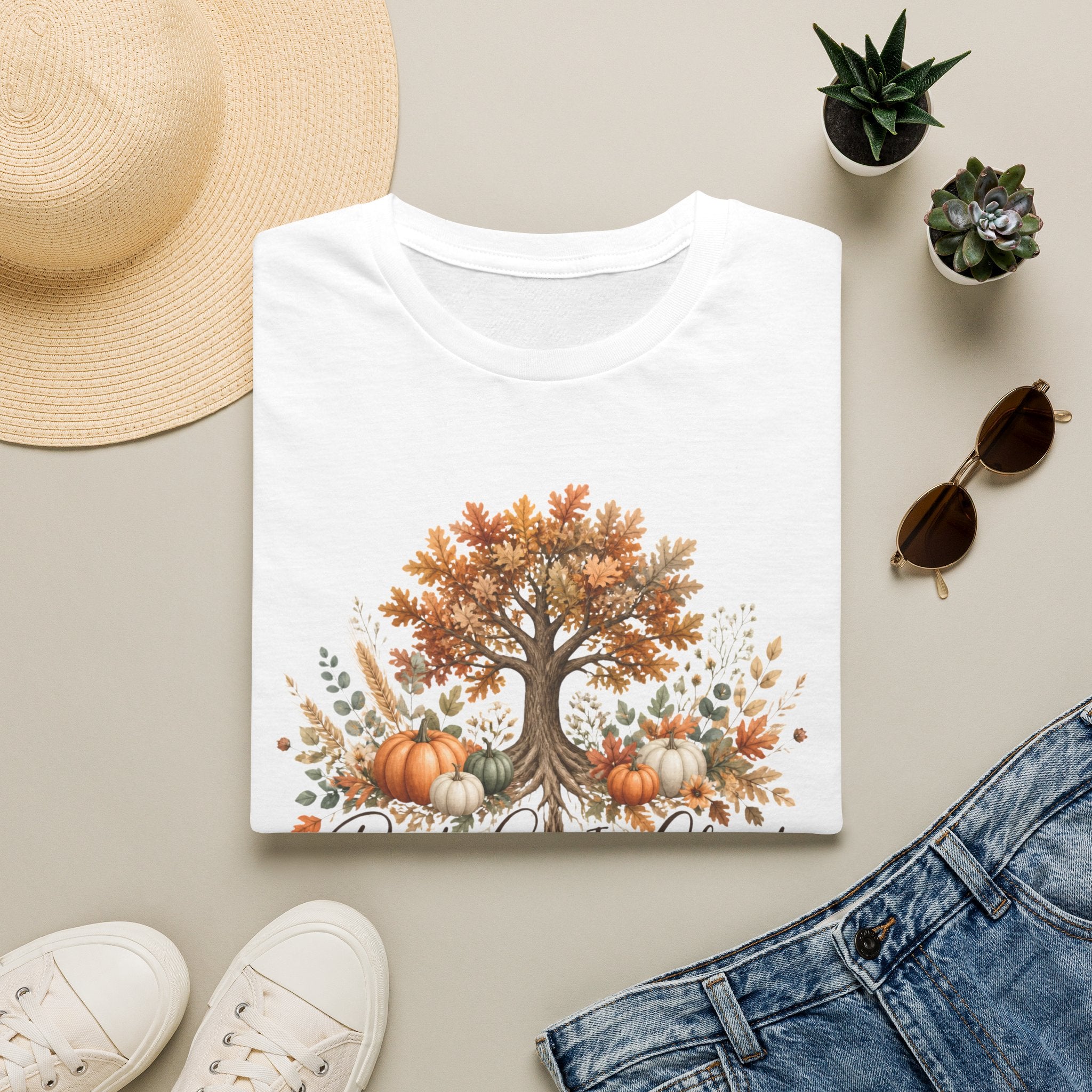 Fall Tree & Pumpkins T-Shirt — "Rooted in Christ" Autumn Faith Tee