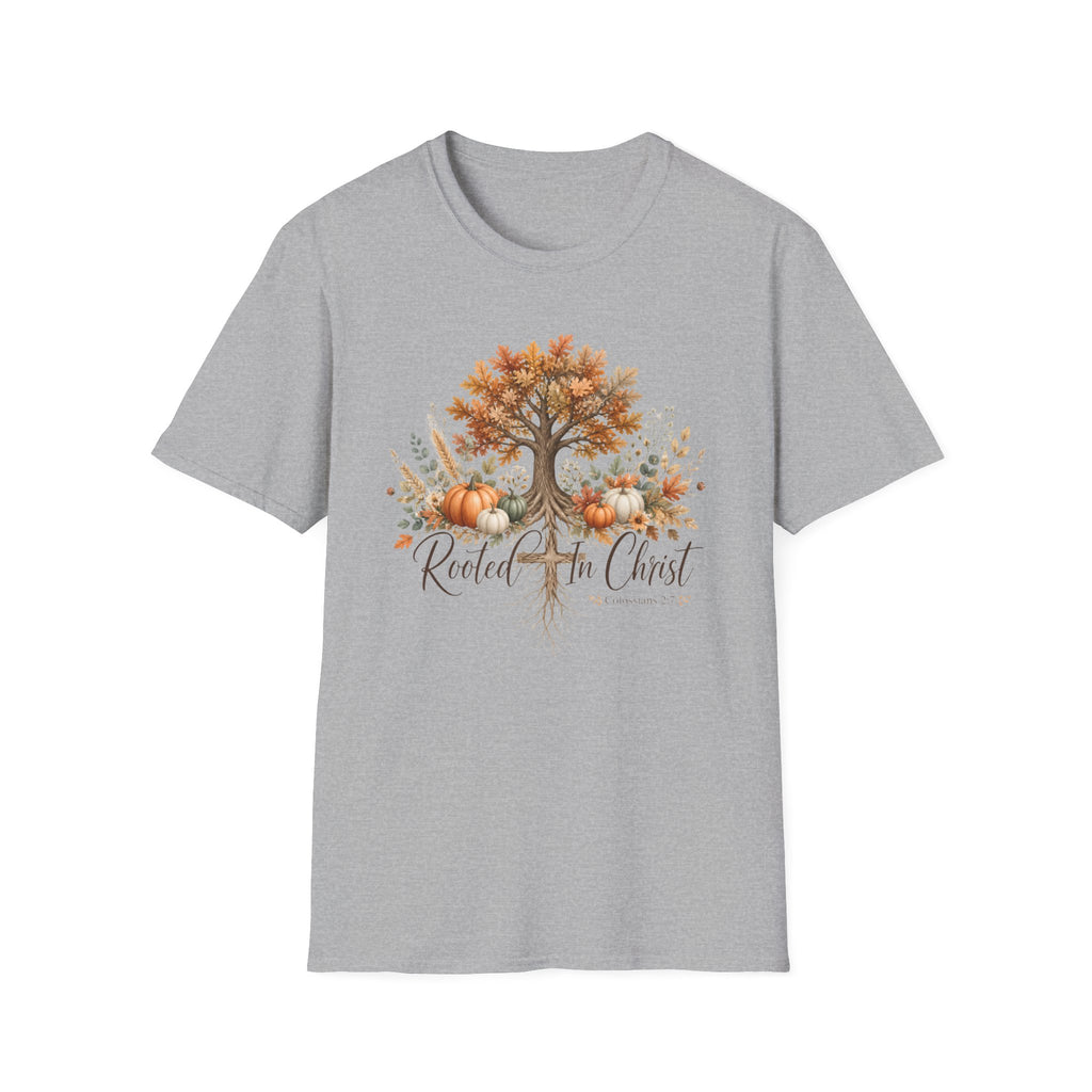 Fall Tree & Pumpkins T-Shirt — "Rooted in Christ" Autumn Faith Tee