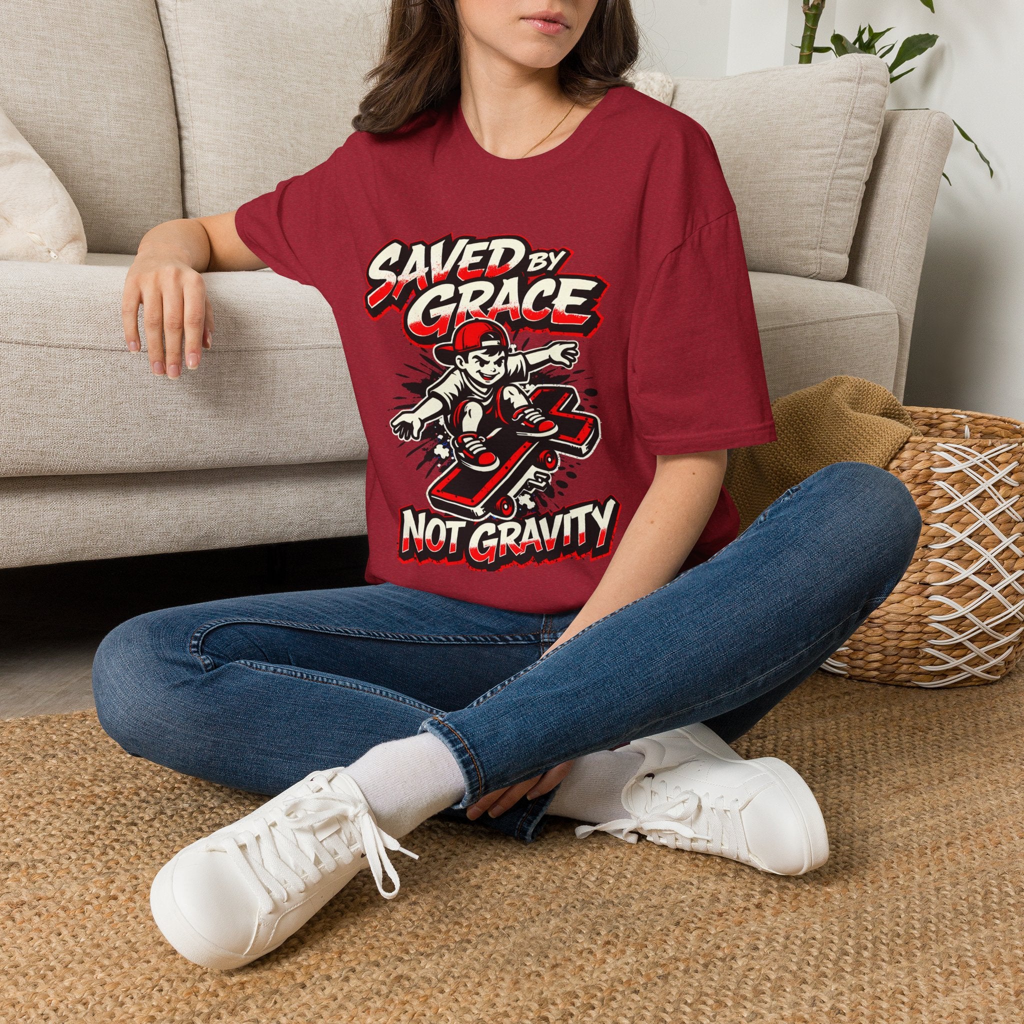Saved by Grace T‑Shirt — Skateboard Faith Graphic