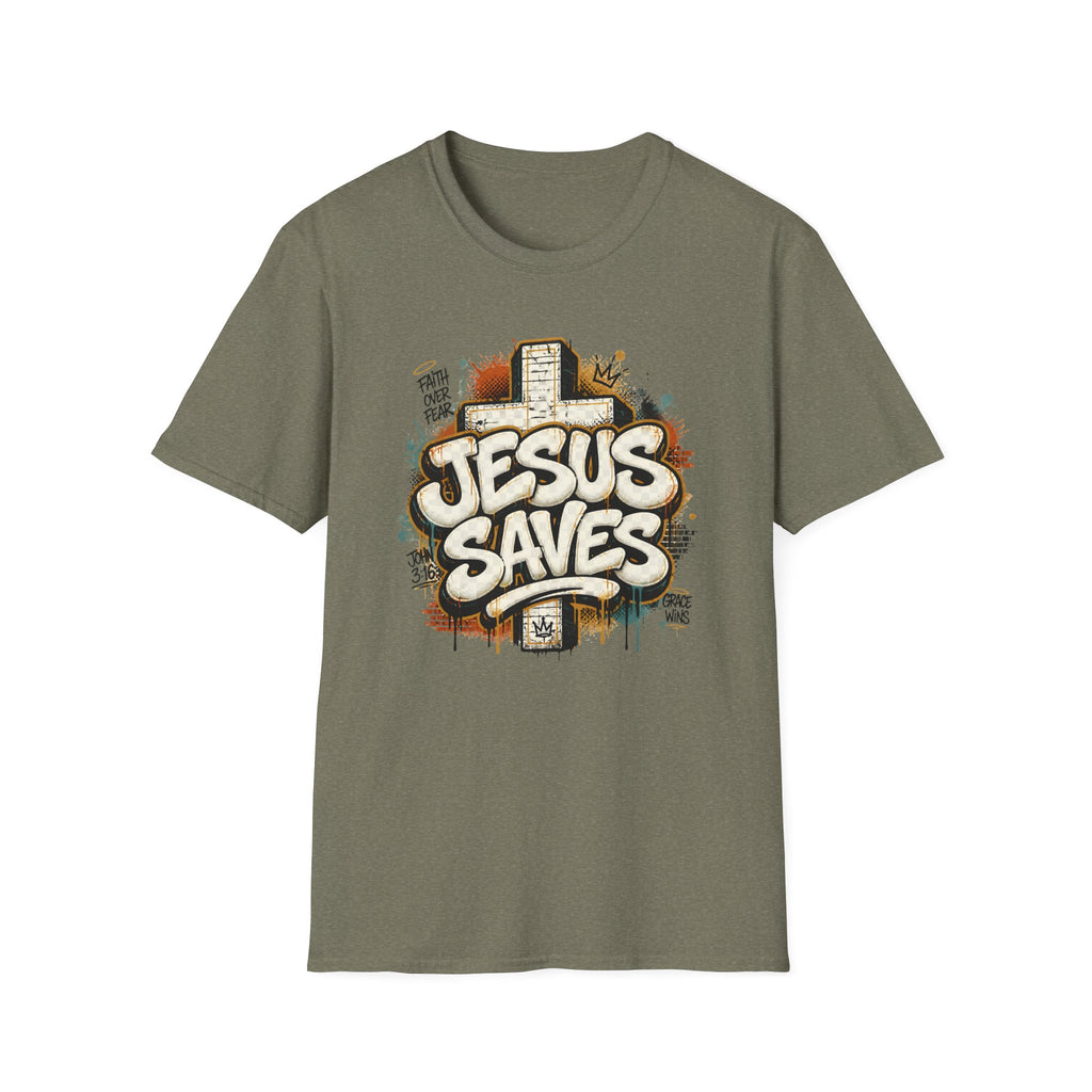 Jesus Saves T‑Shirt — Faith Graffiti Cross Christian Tee