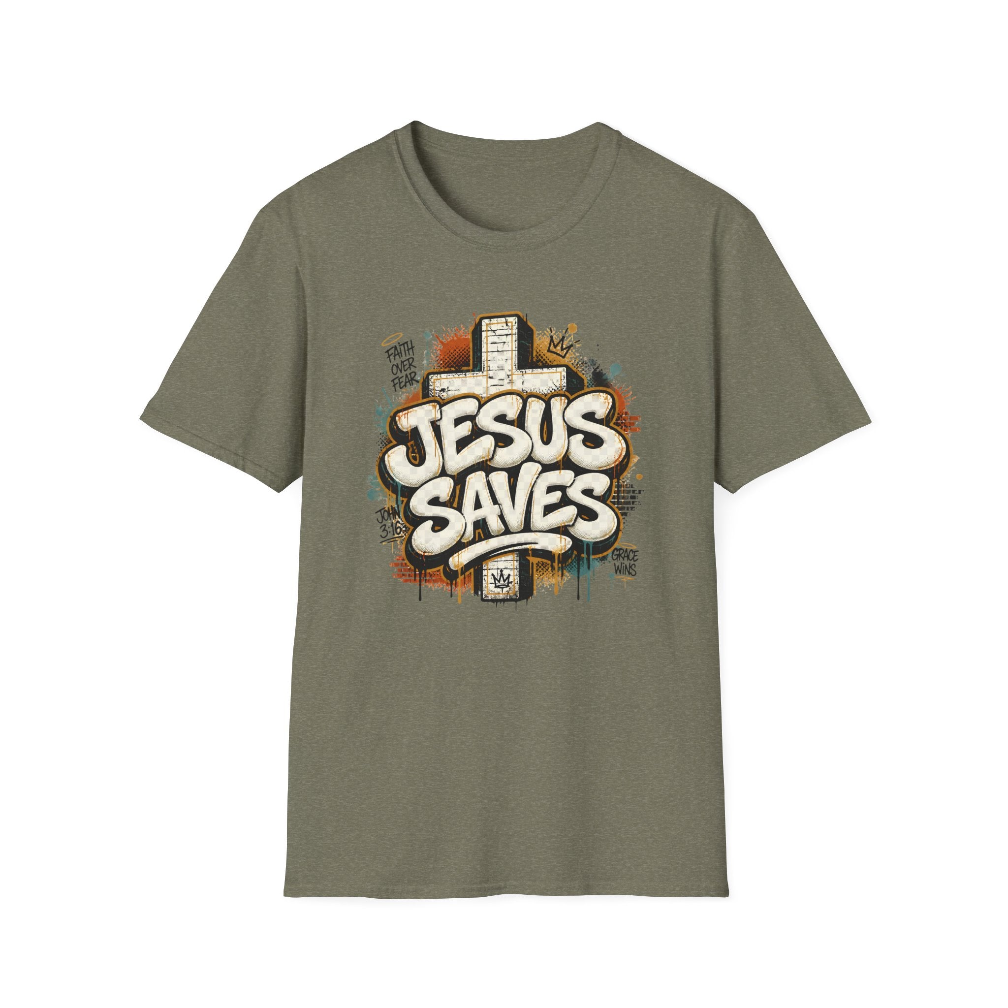 Jesus Saves T‑Shirt — Faith Graffiti Cross Christian Tee
