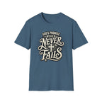 T-Shirt — “God’s Promise Never Never” Christian Faith Graphic
