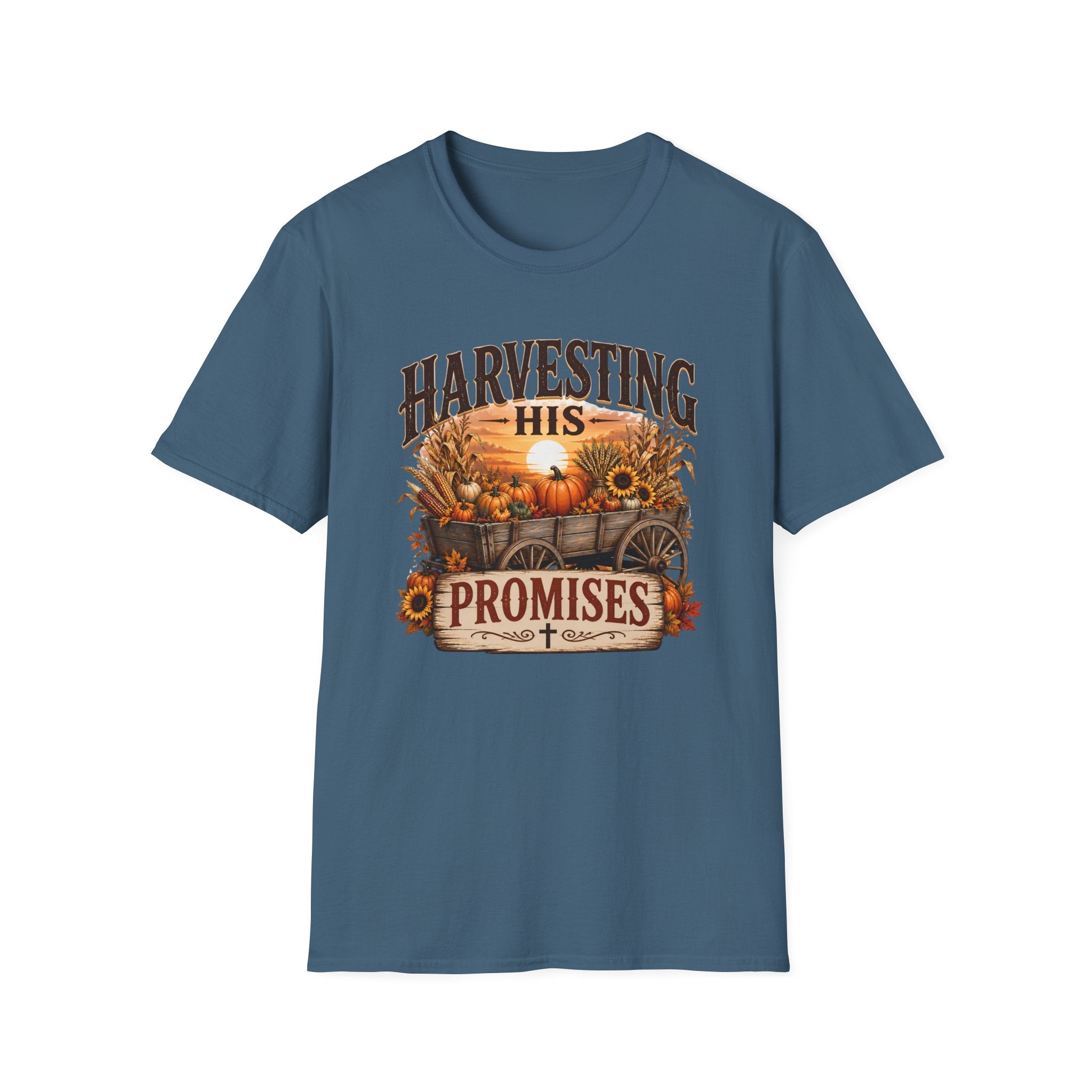 Harvesting His Promises T-Shirt — Fall Pumpkin & Sunflower Faith Tee