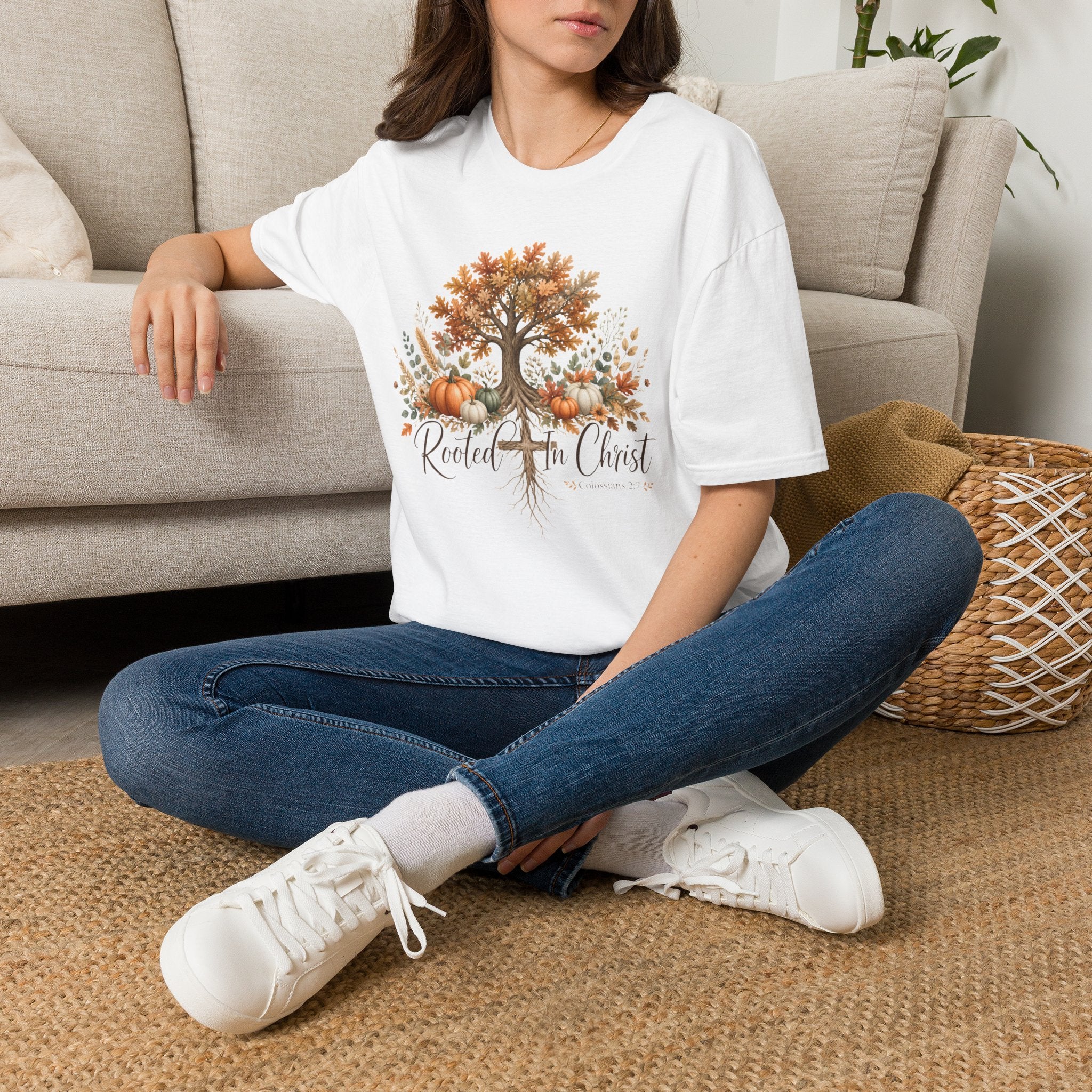 Fall Tree & Pumpkins T-Shirt — "Rooted in Christ" Autumn Faith Tee