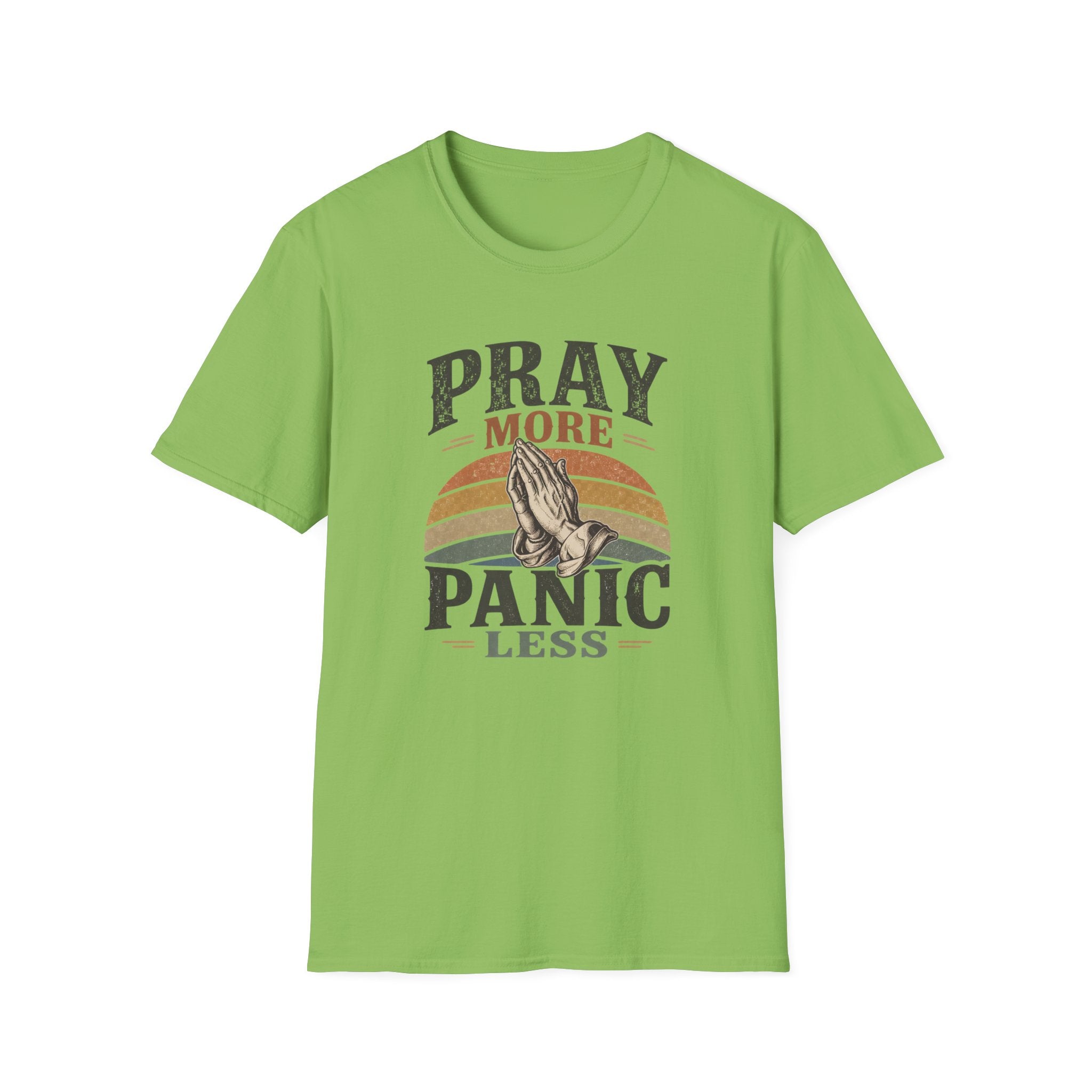 Pray More Panic Less T-Shirt — Vintage Praying Hands Faith Tee