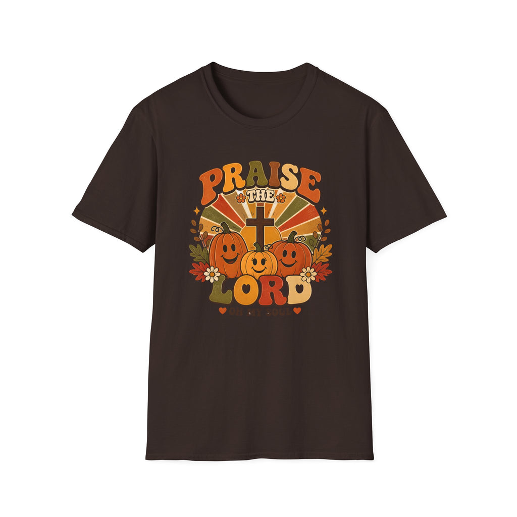 Praise the Lord Fall T-Shirt — Retro Pumpkin & Cross Christian Tee