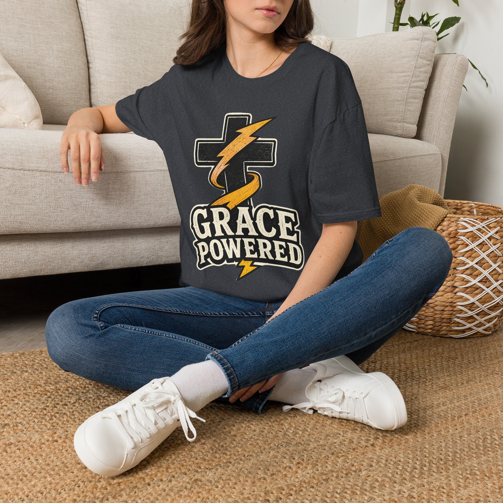 Grace Powered T-Shirt — Faith Cross with Lightning Christian Tee