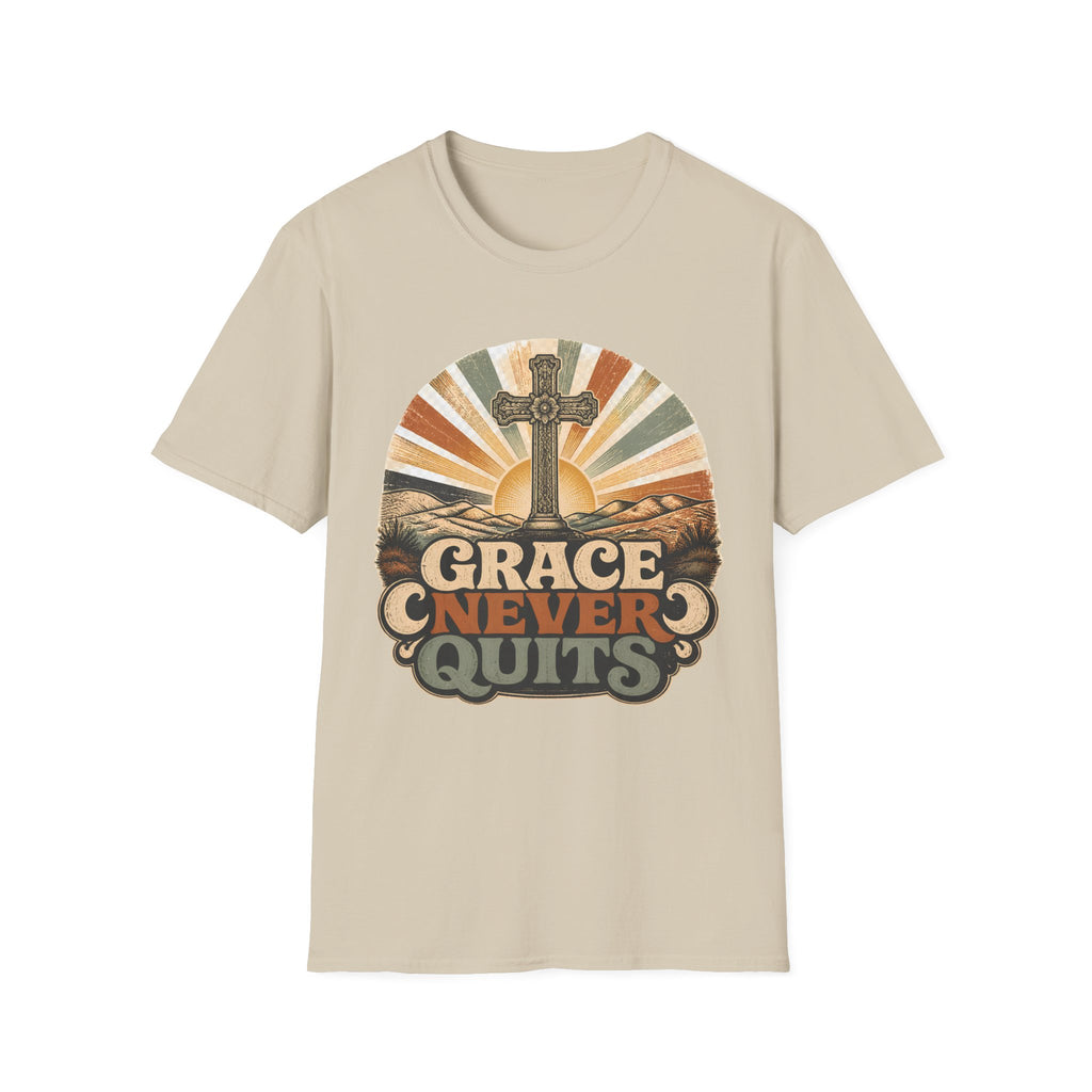Christian T-Shirt — "Grace Never Quits" Retro Cross Sunrise Tee