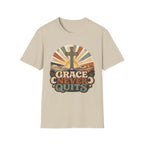 Christian T-Shirt — "Grace Never Quits" Retro Cross Sunrise Tee